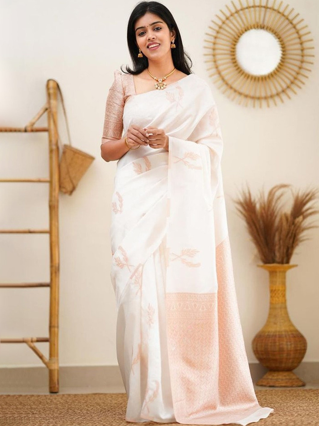 ORUS Woven Design Zari Silk Blend Kanjeevaram Saree, White 
ORUS Woven Design Zari Silk Blend Kanjeevaram Saree, White