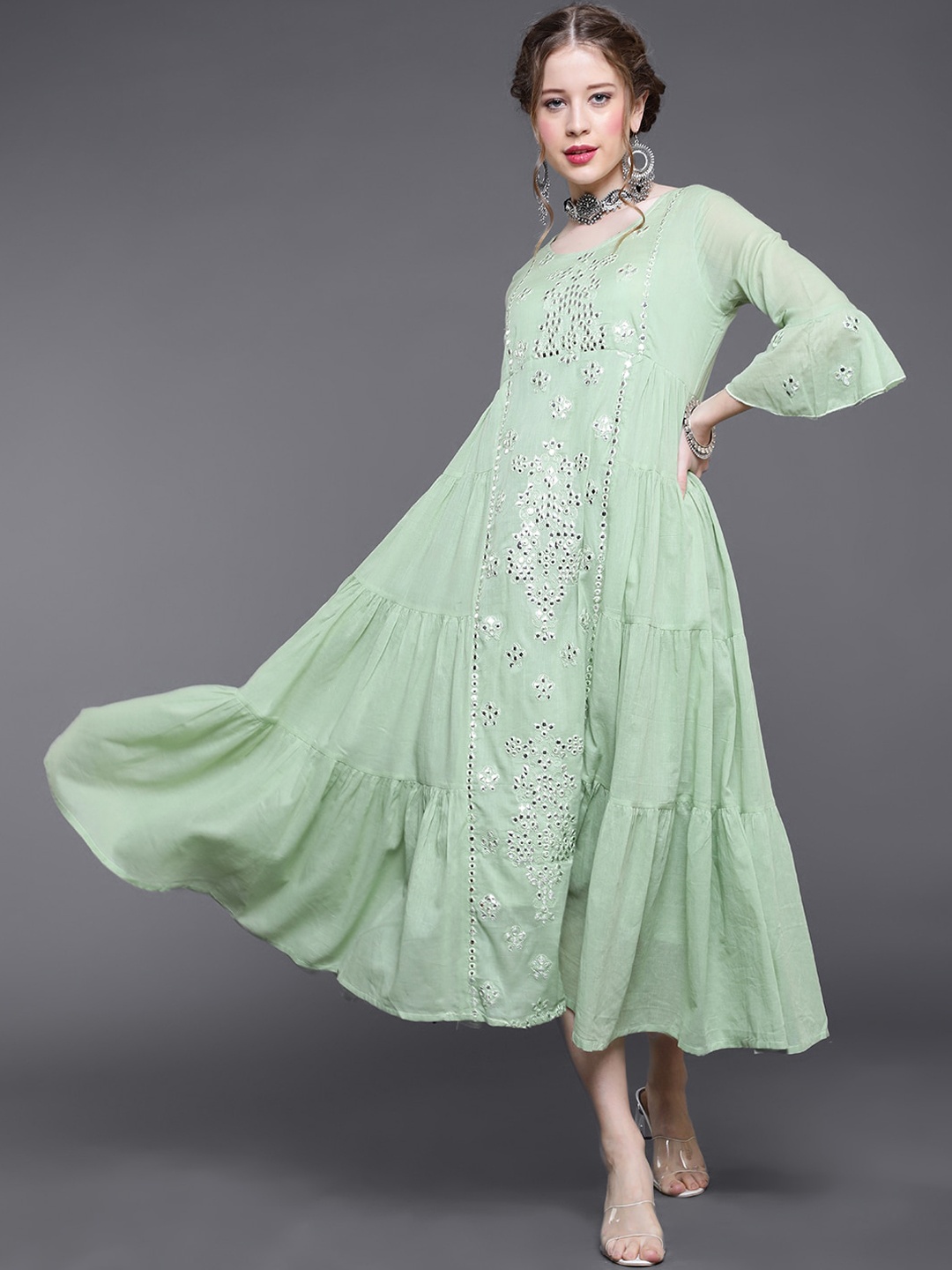 saubhagya Women Embroidered Mirror Work Fit And Flare Tiered Ethnic Dress, Green