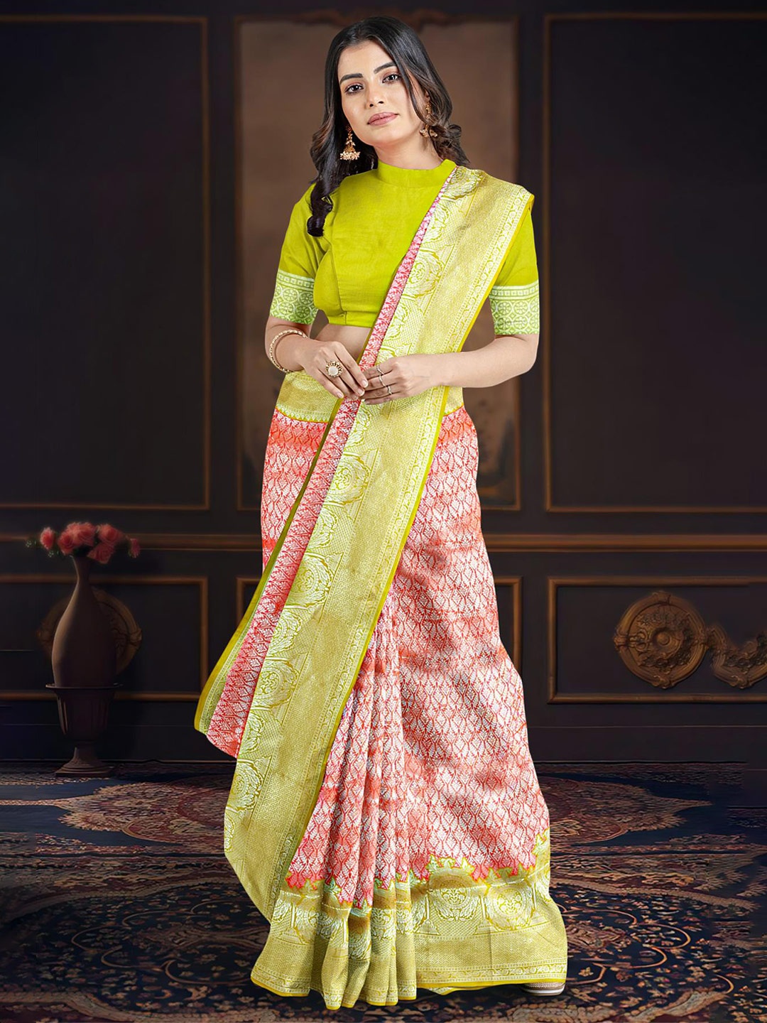 Kalamandir Woven Design Zari Saree, Coral