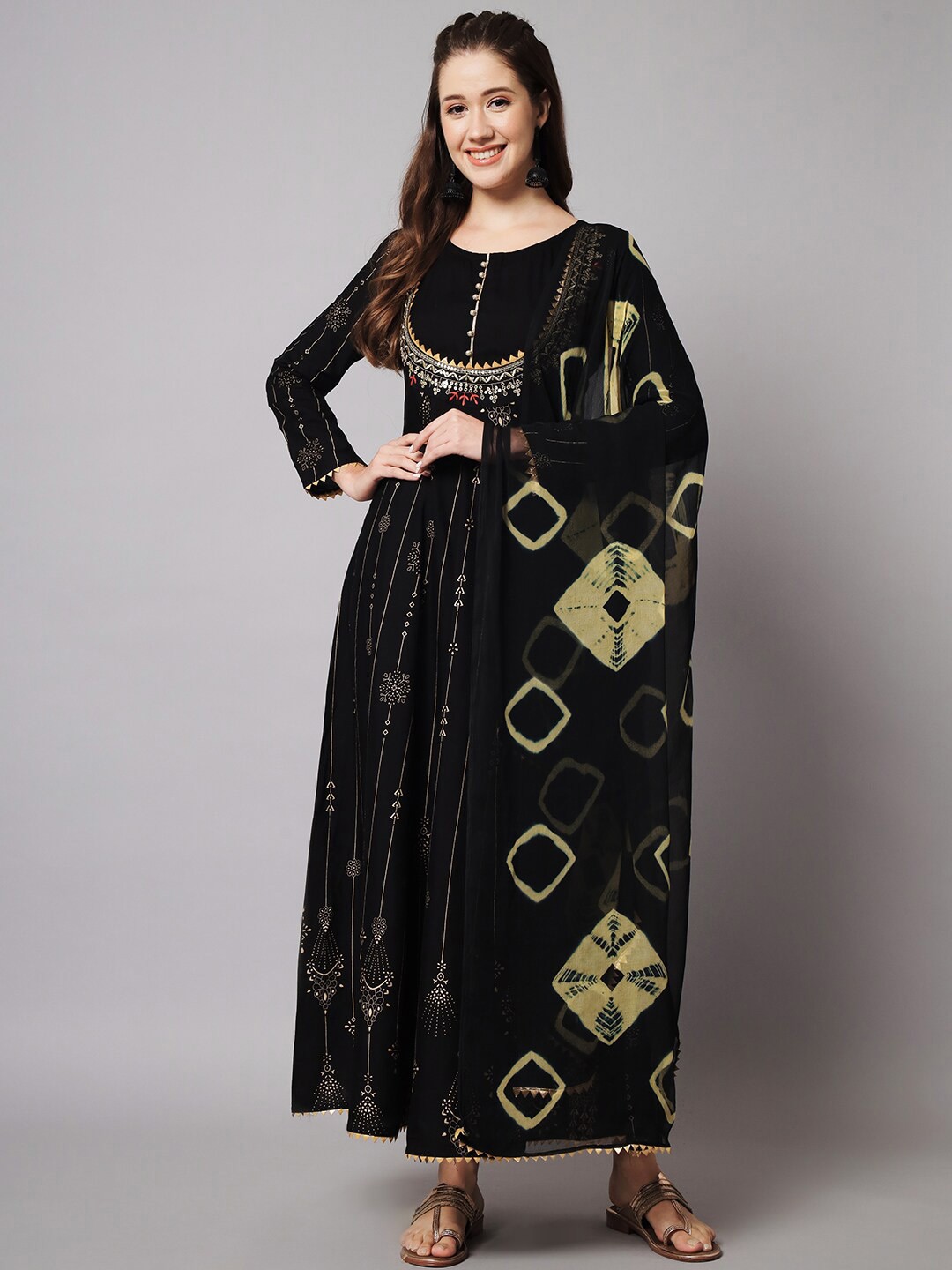 Meeranshi Ethnic Motifs Printed Embroidered Detailed Maxi Ethnic Dress with Dupatta, Black
Meeranshi Ethnic Motifs Printed Embroidered Detailed Maxi Ethnic Dress with Dupatta, Black