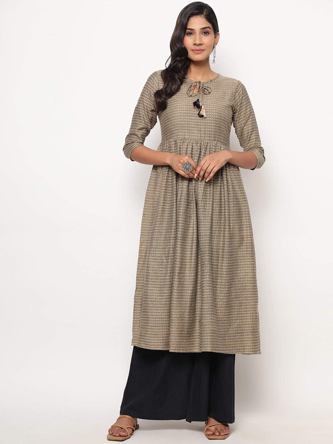KALINI Woven Design Tie-Up Neck Kurta, Beige