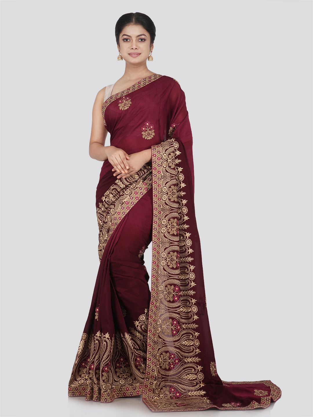 PinkLoom Woven Design Floral Zari Pure Chiffon Saree, Maroon
