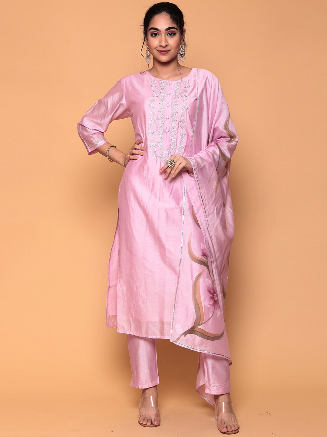 ZARI Women Ethnic Motifs Thread Work Chanderi Silk Kurta With Trousers & Dupatta, Peach
ZARI Women Ethnic Motifs Thread Work Chanderi Silk Kurta With Trousers & Dupatta, Peach