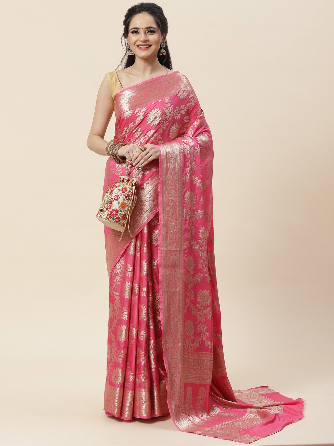 Meena Bazaar Woven Design Zari Art Silk Saree, Pink
