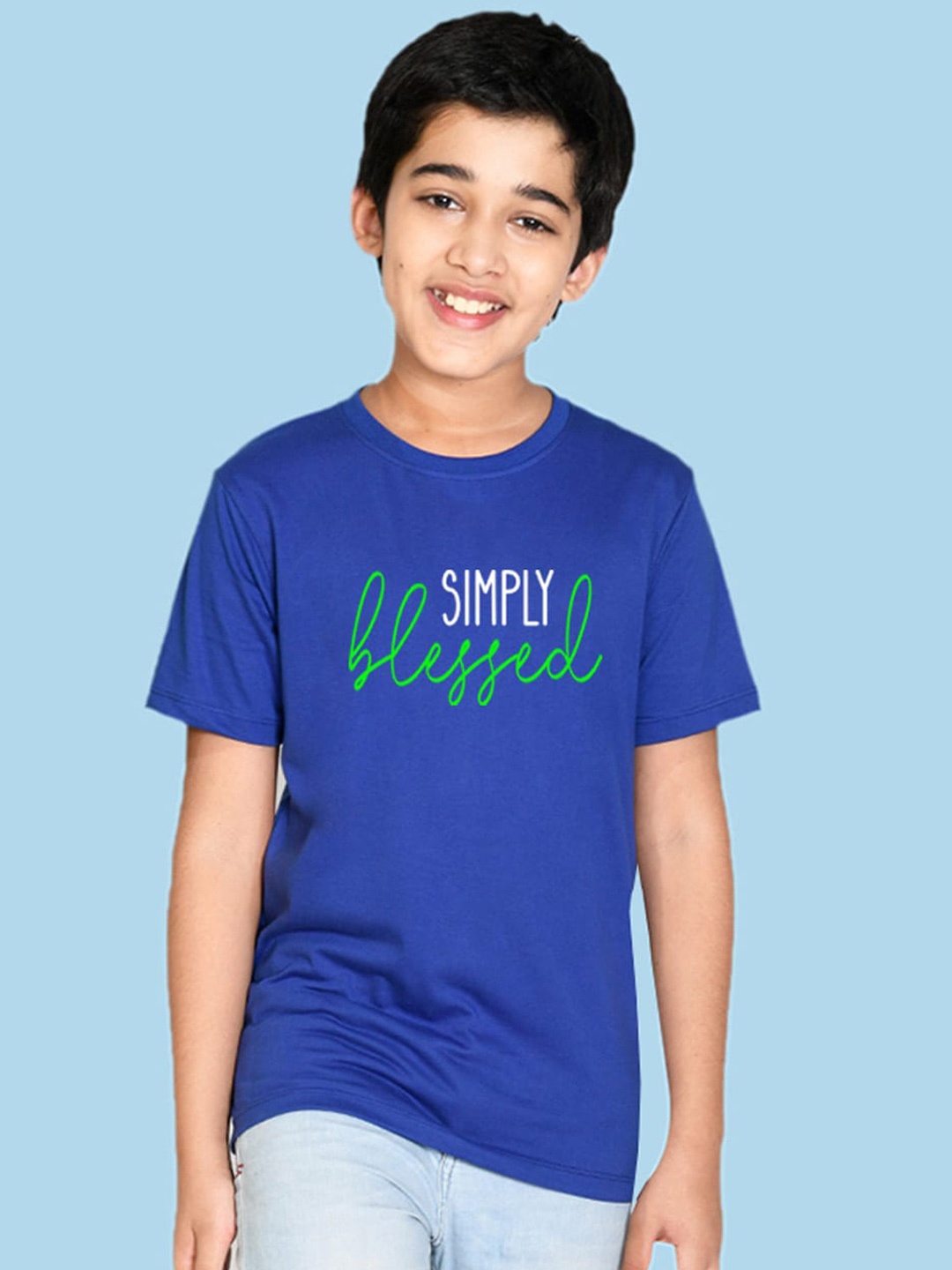 NUSYL Boys Round Neck Typography Printed Cotton T-shirt, Blue