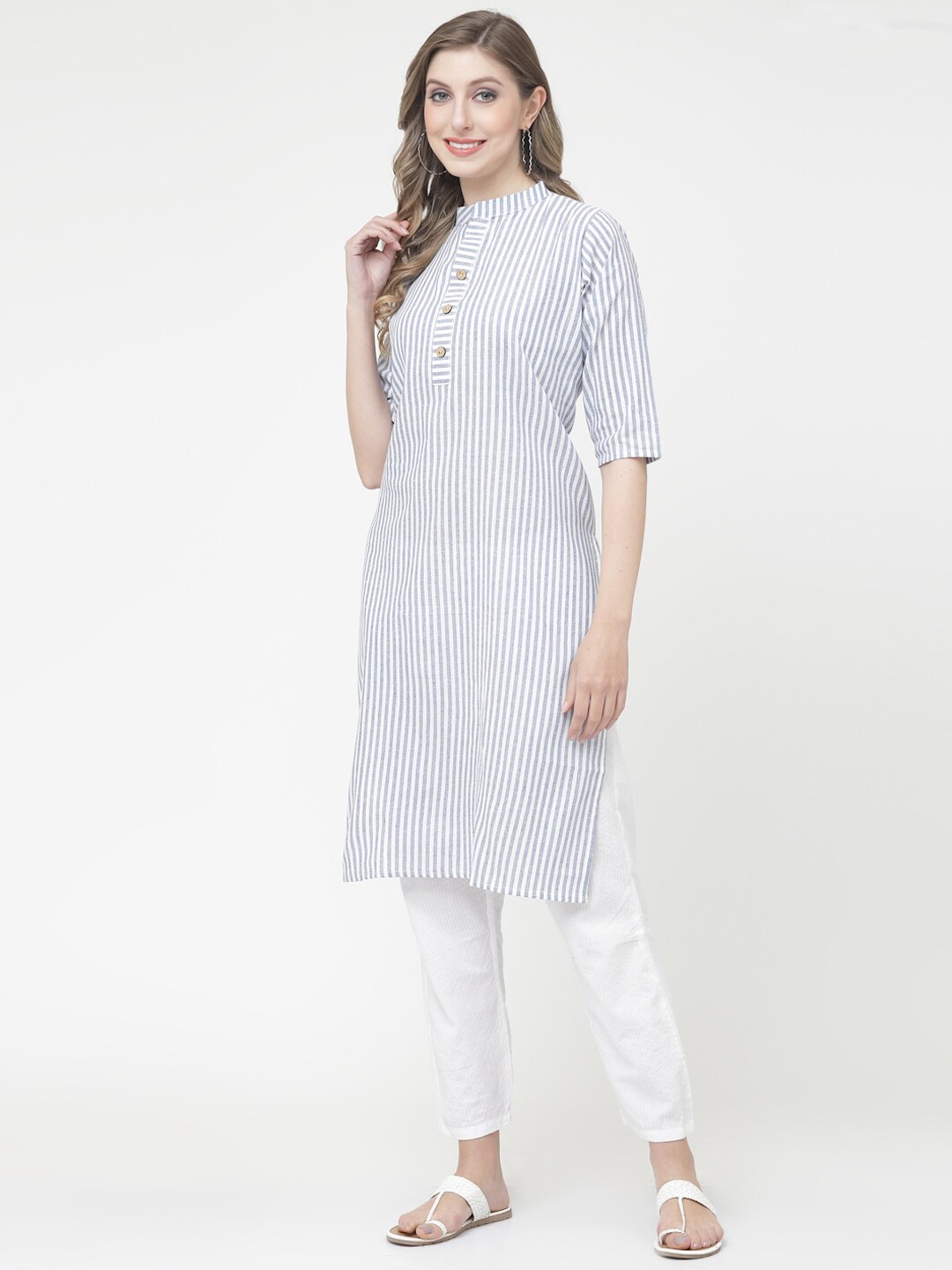KALINI Striped Mandarin Collar Cotton Kurta, Blue