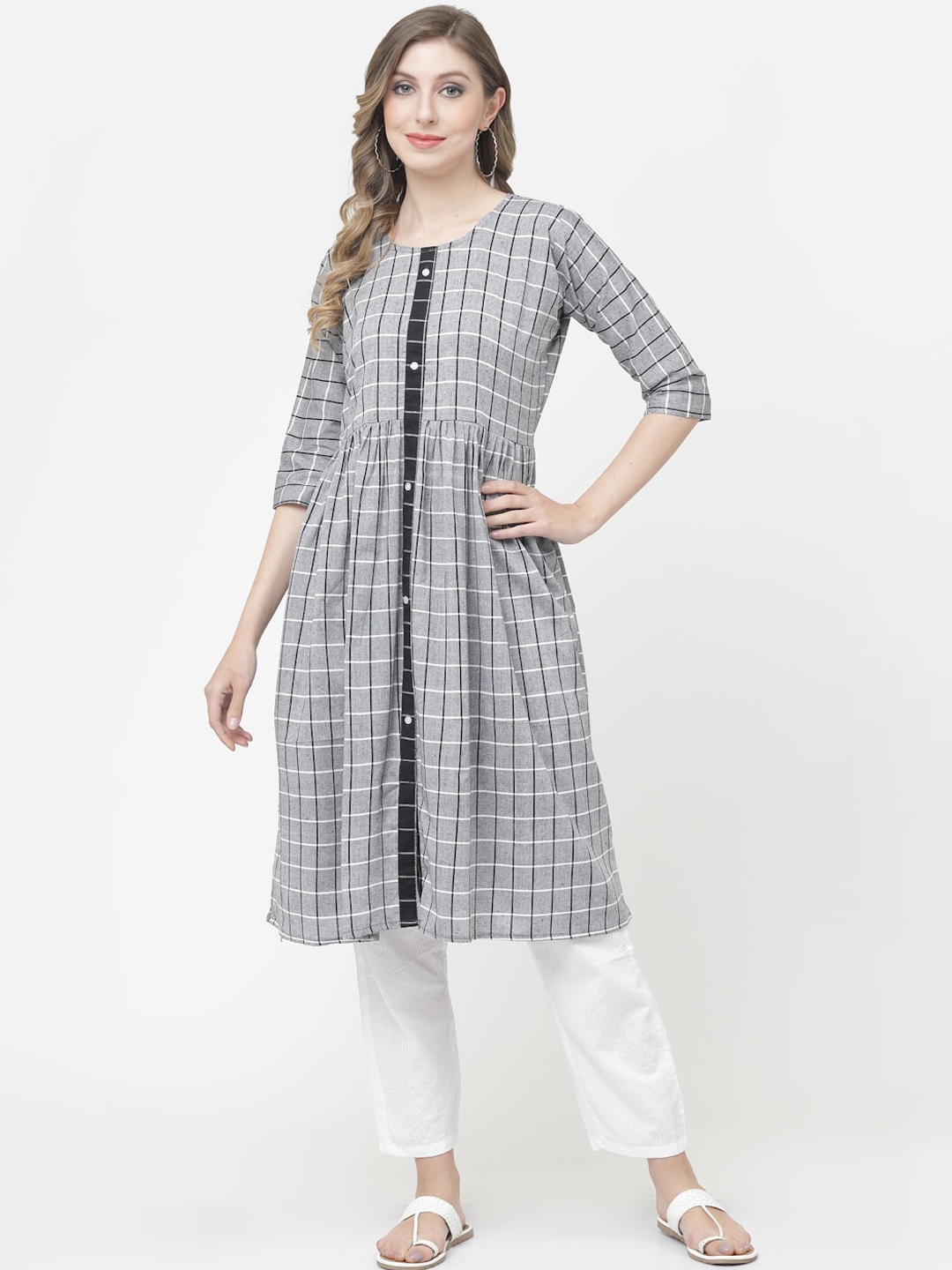 KALINI Checked Pure Cotton Kurta, Grey