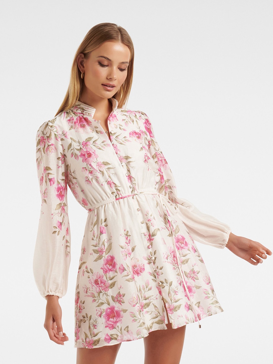 Forever New Preston Mandarin Collar Floral Printed Dress, White