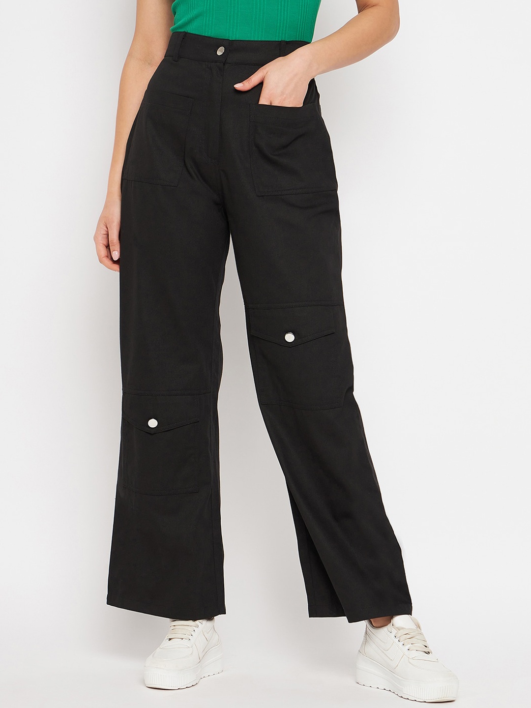 Orchid Blues Women Flared High-Rise Easy Wash Pure Cotton Cargo Style Trousers, Black
Orchid Blues Women Flared High-Rise Easy Wash Pure Cotton Cargo Style Trousers, Black
