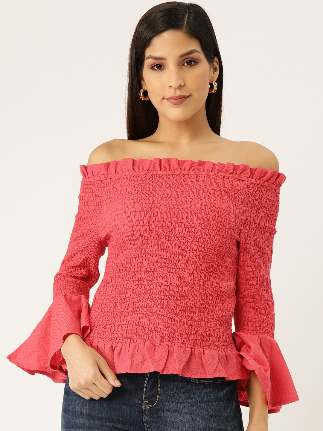 DIVA WALK EXCLUSIVE Off-Shoulder Smocked Cotton Bardot Top, Coral