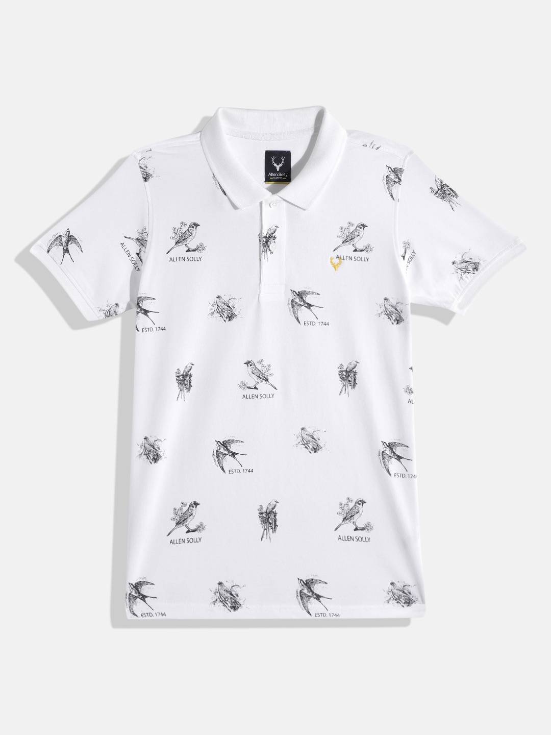 Allen Solly Junior Boys Brand Logo & Birds Printed Polo Collar Monochrome T-shirt, White
Allen Solly Junior Boys Brand Logo & Birds Printed Polo Collar Monochrome T-shirt, White
