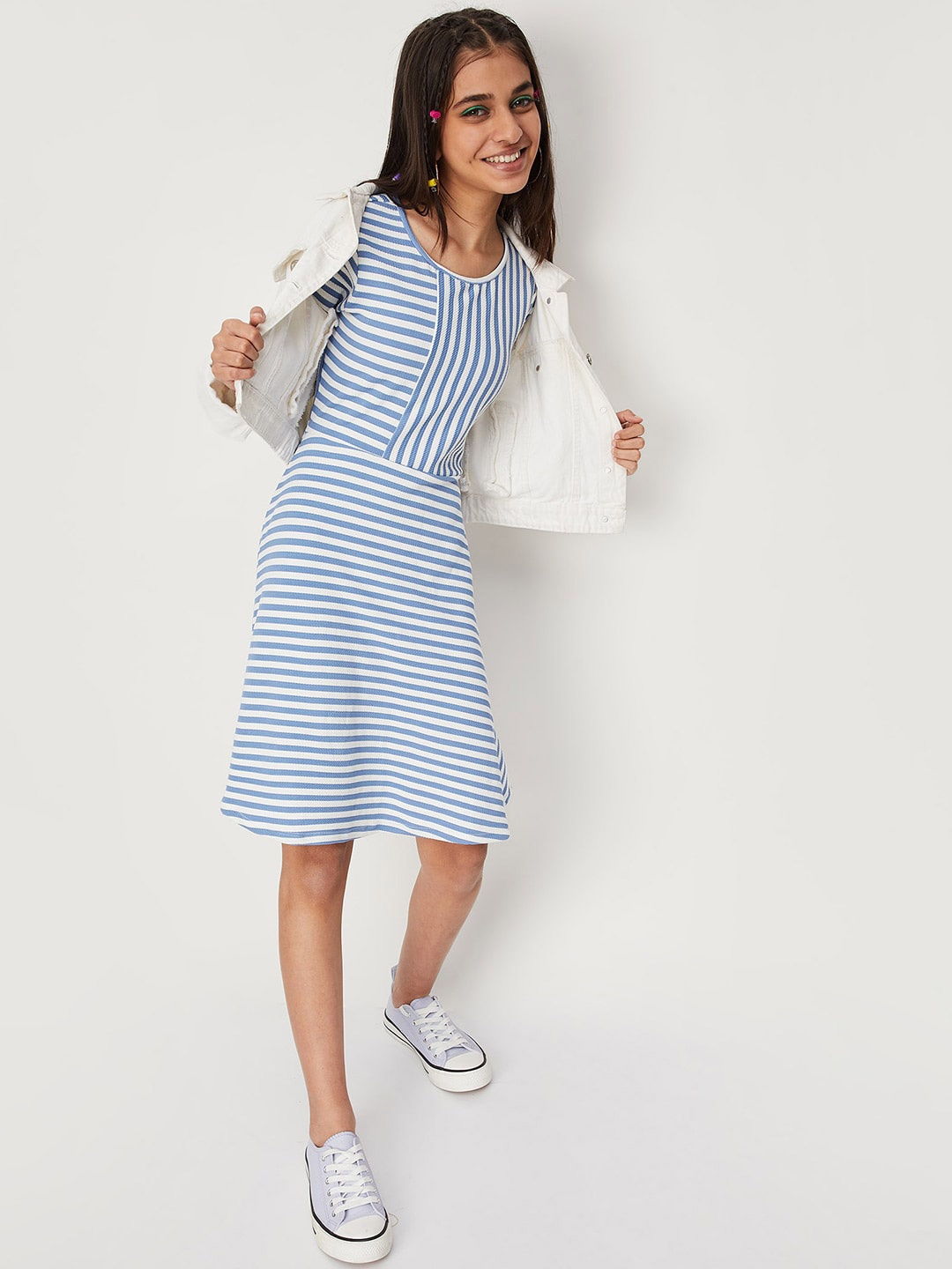max Girls Striped A-Line Dress, Blue