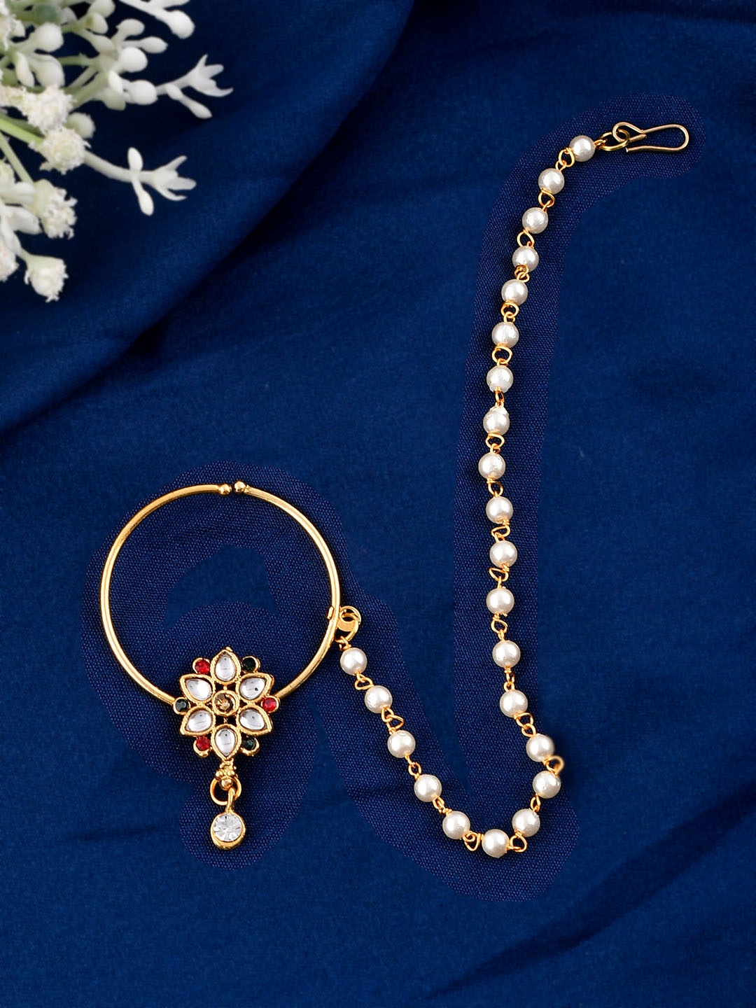 Silvermerc Designs Gold-Plated Kundan -Studded & Beaded Chained Clip-On Nosepin, White
Silvermerc Designs Gold-Plated Kundan -Studded & Beaded Chained Clip-On Nosepin, White