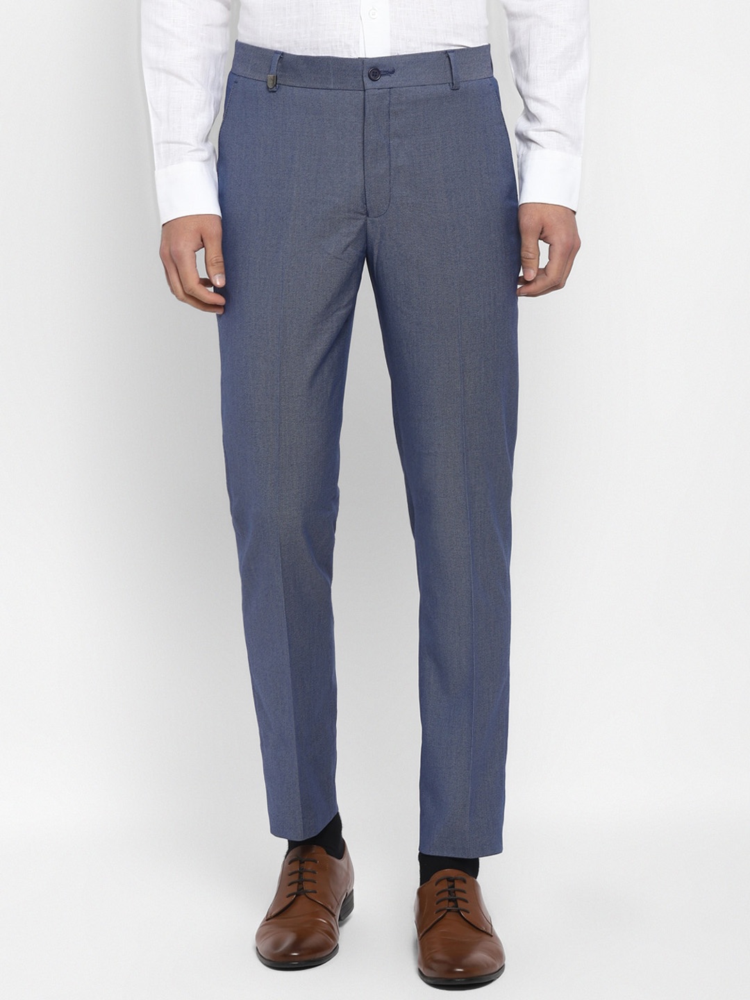 TOP BRASS Men Textured Mid Rise Slim Fit Formal Trousers, Blue