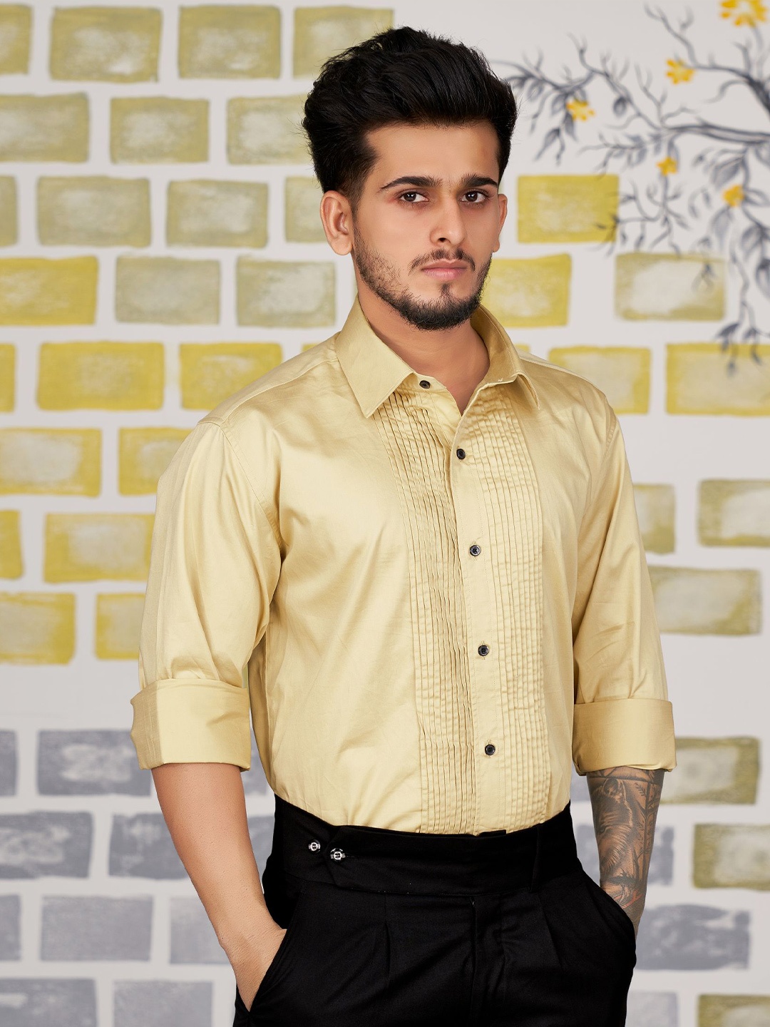 FRENCH CROWN Standard Twill Weave Casual Cotton Shirt, Mustard