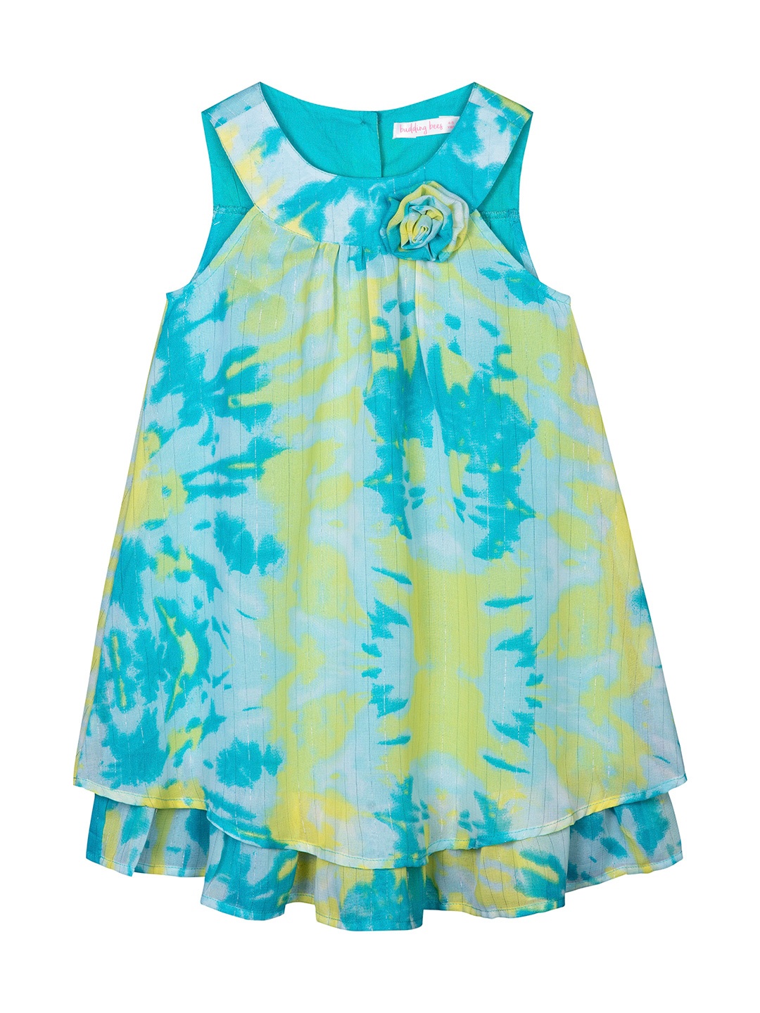 Budding Bees Tie & Dye Georgette A-Line Dress, Blue