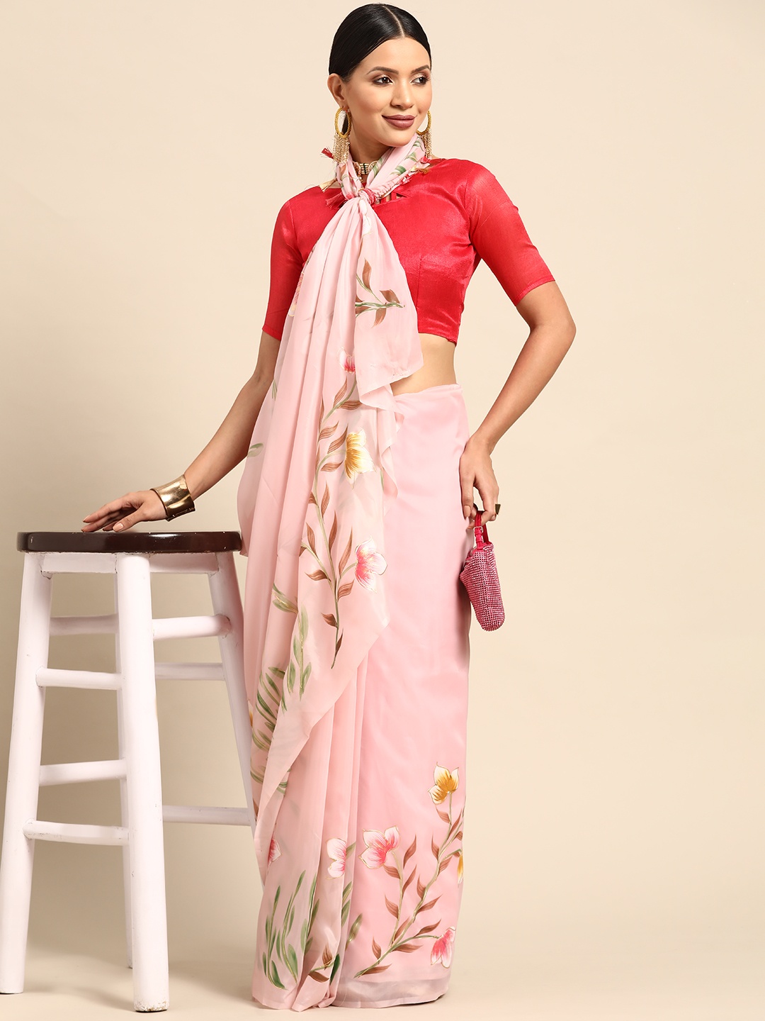 Mitera Printed Organza Saree, Pink