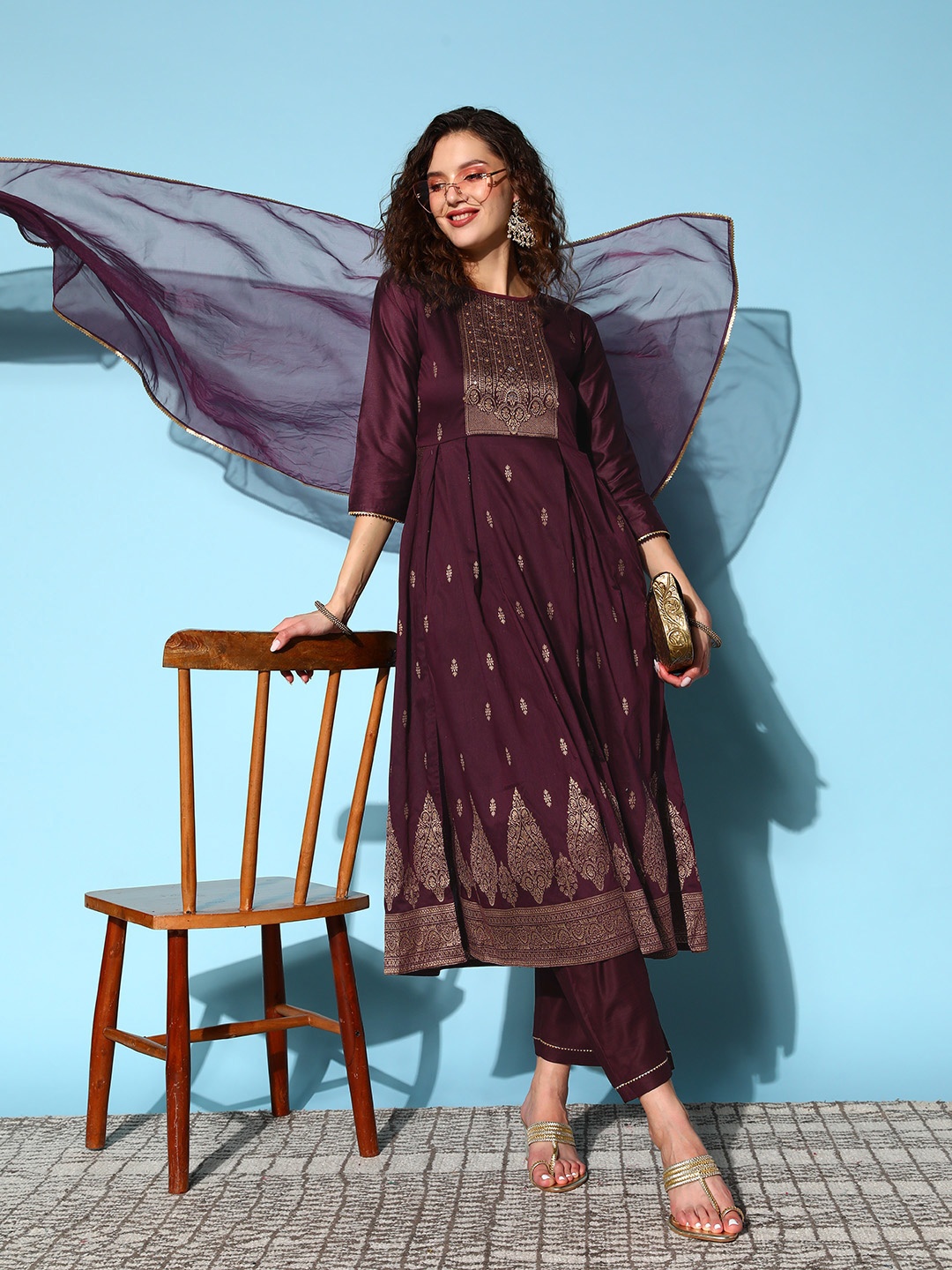 Sangria Ethnic Motifs Yoke Design Pleated Chanderi Silk Kurta with Trousers & Dupatta, Burgundy
Sangria Ethnic Motifs Yoke Design Pleated Chanderi Silk Kurta with Trousers & Dupatta, Burgundy