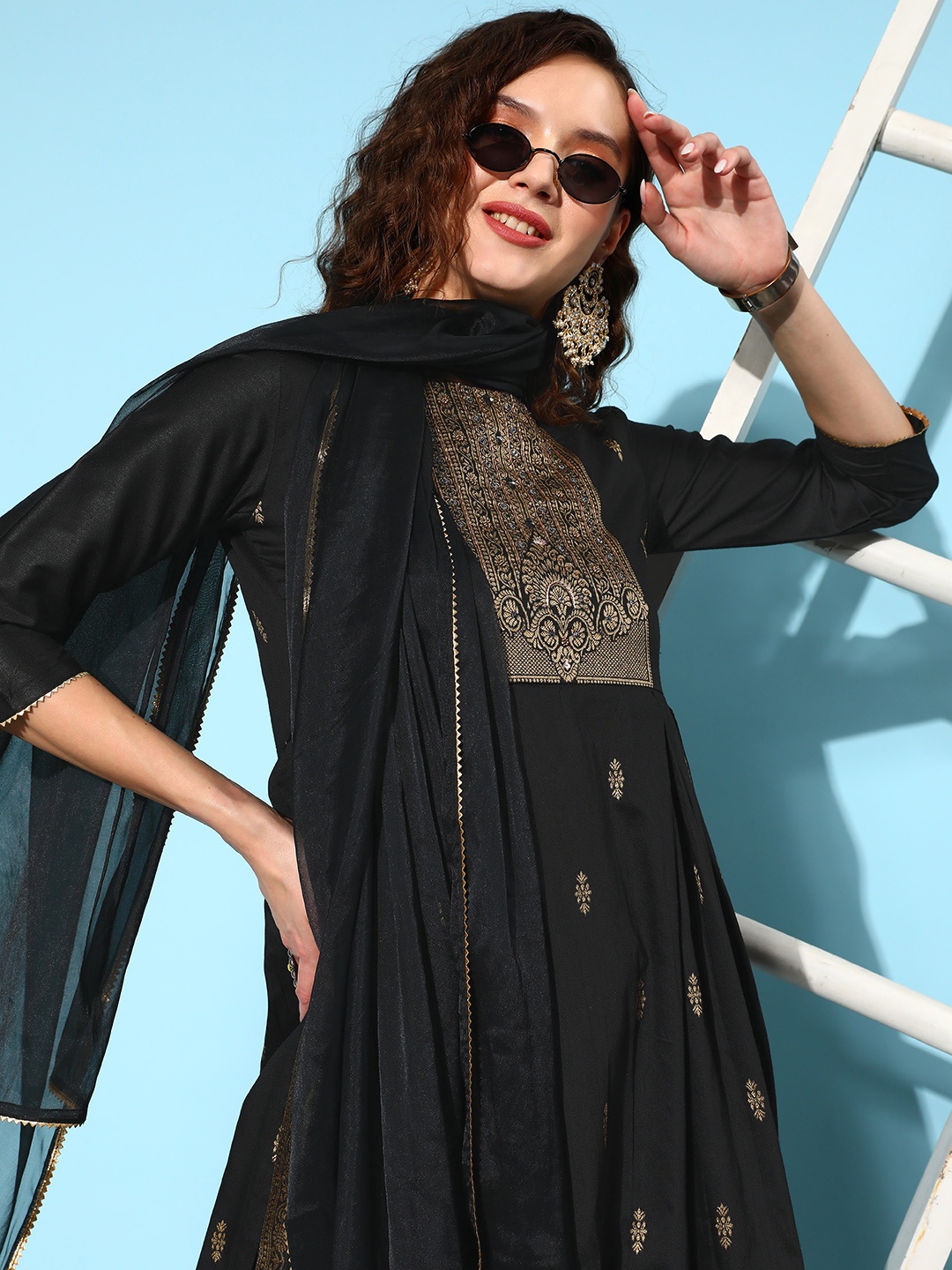Sangria Ethnic Motifs Yoke Design Pleated Chanderi Silk Kurta with Trousers & Dupatta, Black
Sangria Ethnic Motifs Yoke Design Pleated Chanderi Silk Kurta with Trousers & Dupatta, Black