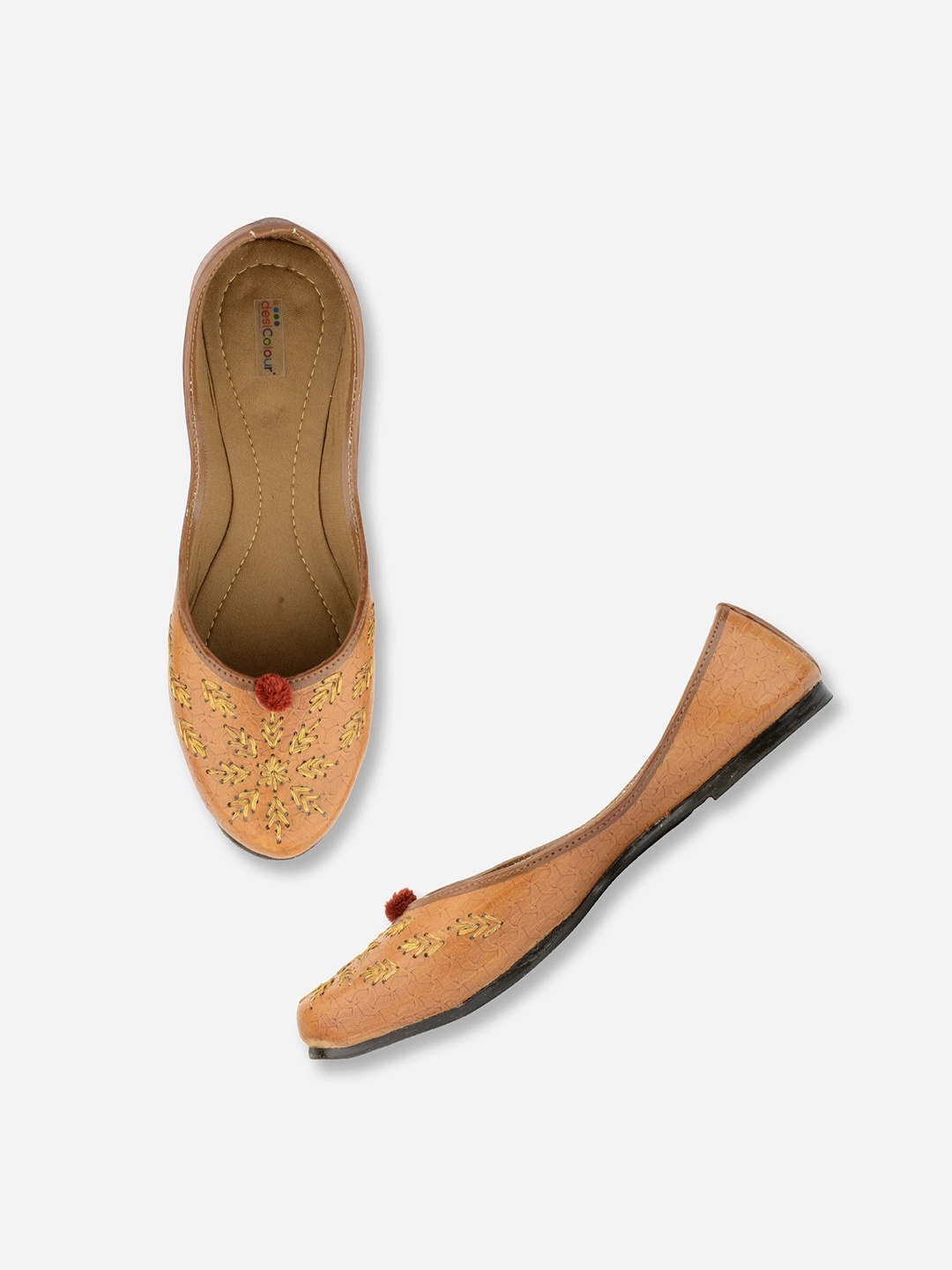 DESI COLOUR Embroidered Round Toe Mojaris, Brown