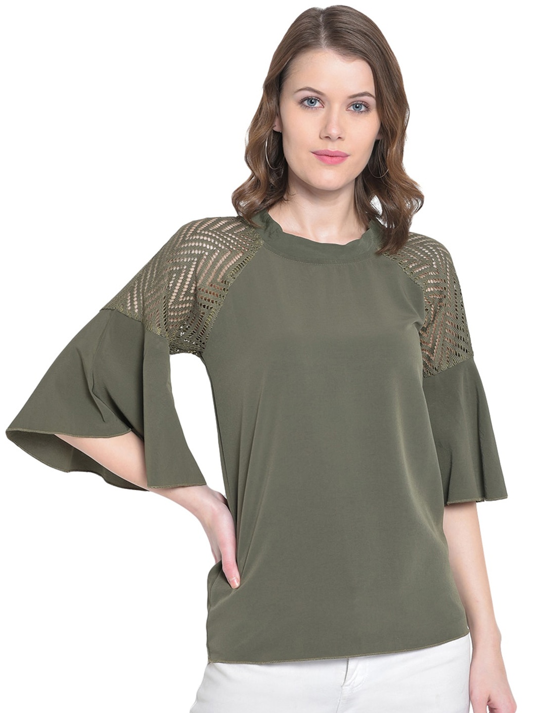 Mayra High Neck Cut Out Crepe Top, Olive