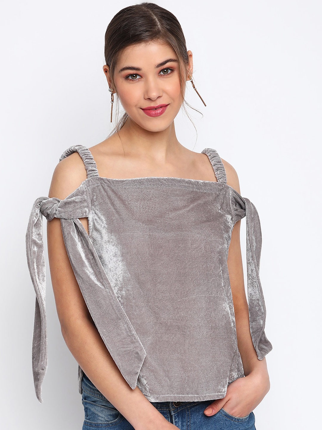 Mayra Self Design Tie-Up Velvet Top, Grey