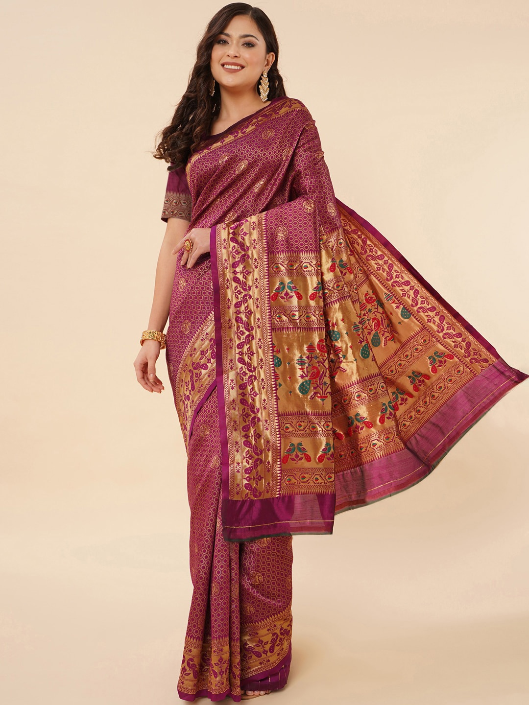 Jinax Ethnic Motifs Woven Design Zari Pure Silk Paithani Saree, Burgundy