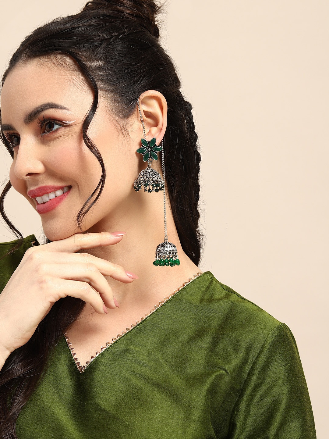 Sangria Oxidised Kundan & Artificial Beads Contemporary Jhumkas With Ear Chain, Green
Sangria Oxidised Kundan & Artificial Beads Contemporary Jhumkas With Ear Chain, Green