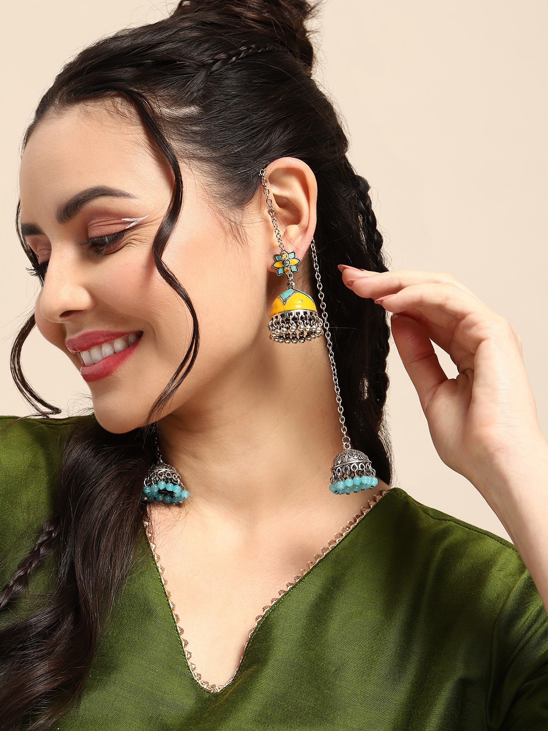 Sangria Enamelled & Oxidised Artificial Beads Contemporary Jhumkas With Ear Chain, Yellow
Sangria Enamelled & Oxidised Artificial Beads Contemporary Jhumkas With Ear Chain, Yellow