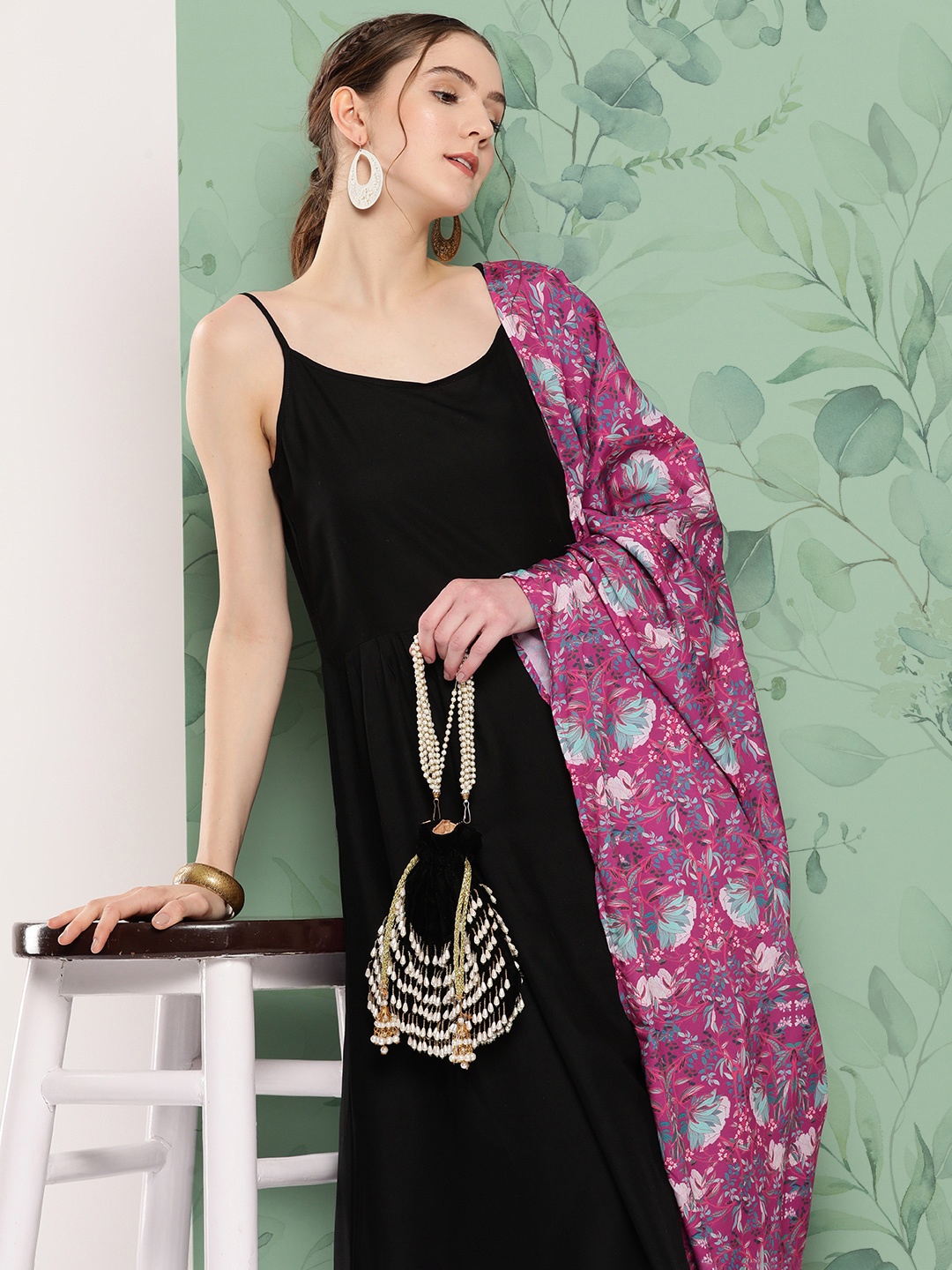 InWeave Kurta With Palazzos & Printed Dupatta, Black