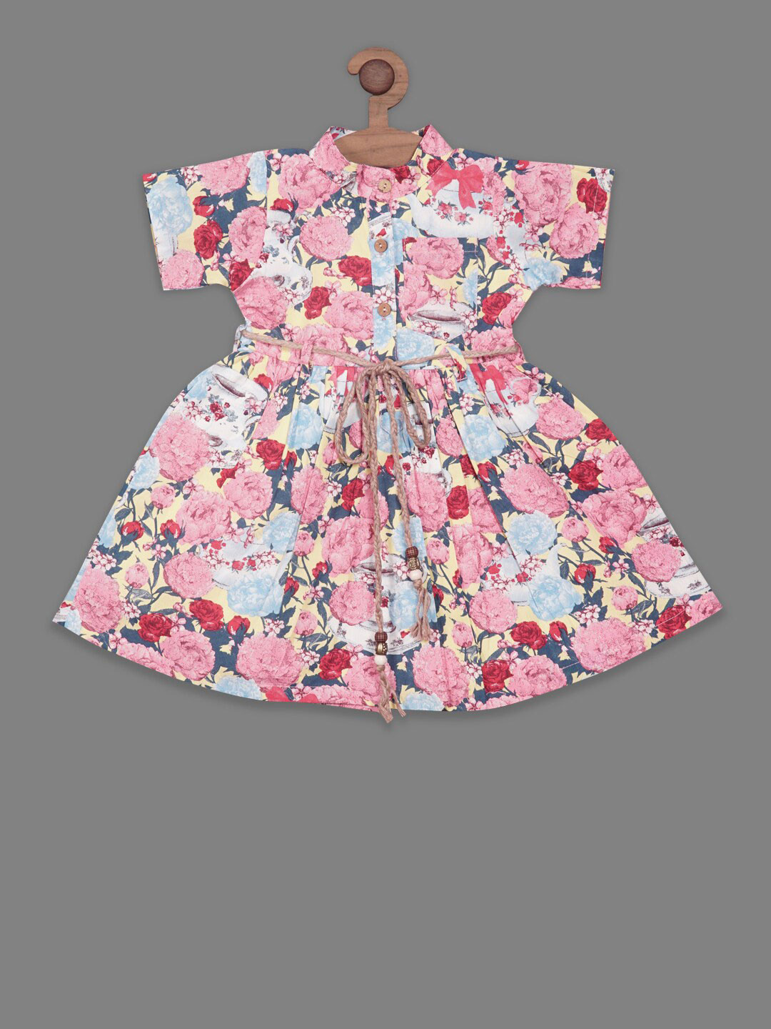 RIKIDOOS Girls Shirt Collar Floral Printed Cotton Fit and Flare Dress With Belt, Pink 
RIKIDOOS Girls Shirt Collar Floral Printed Cotton Fit and Flare Dress With Belt, Pink
