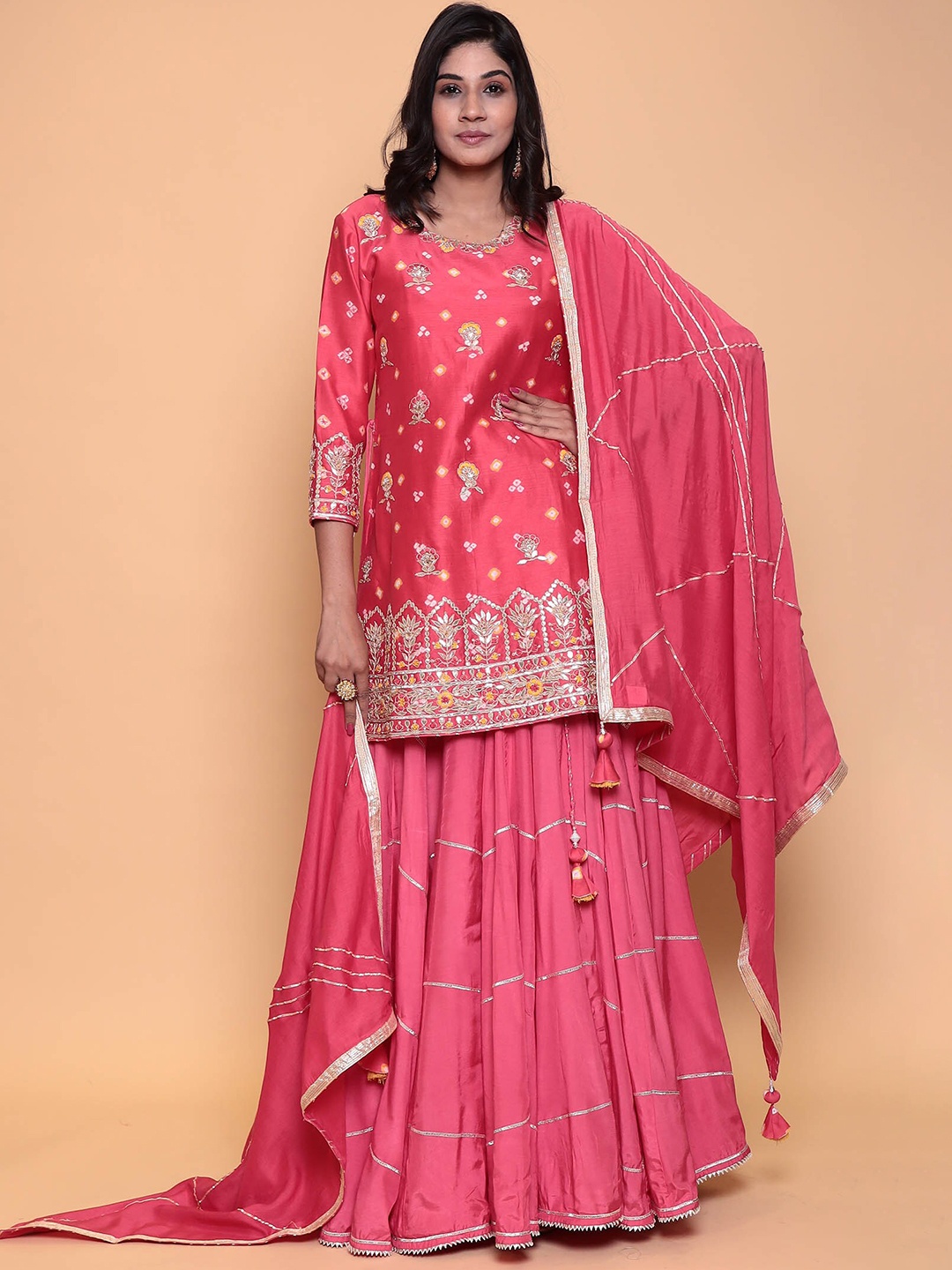 ZARI Round Neck Ethnic Motifs Printed Gotta Patti Pure Silk Kurta With Sharara & Dupatta, Pink
ZARI Round Neck Ethnic Motifs Printed Gotta Patti Pure Silk Kurta With Sharara & Dupatta, Pink