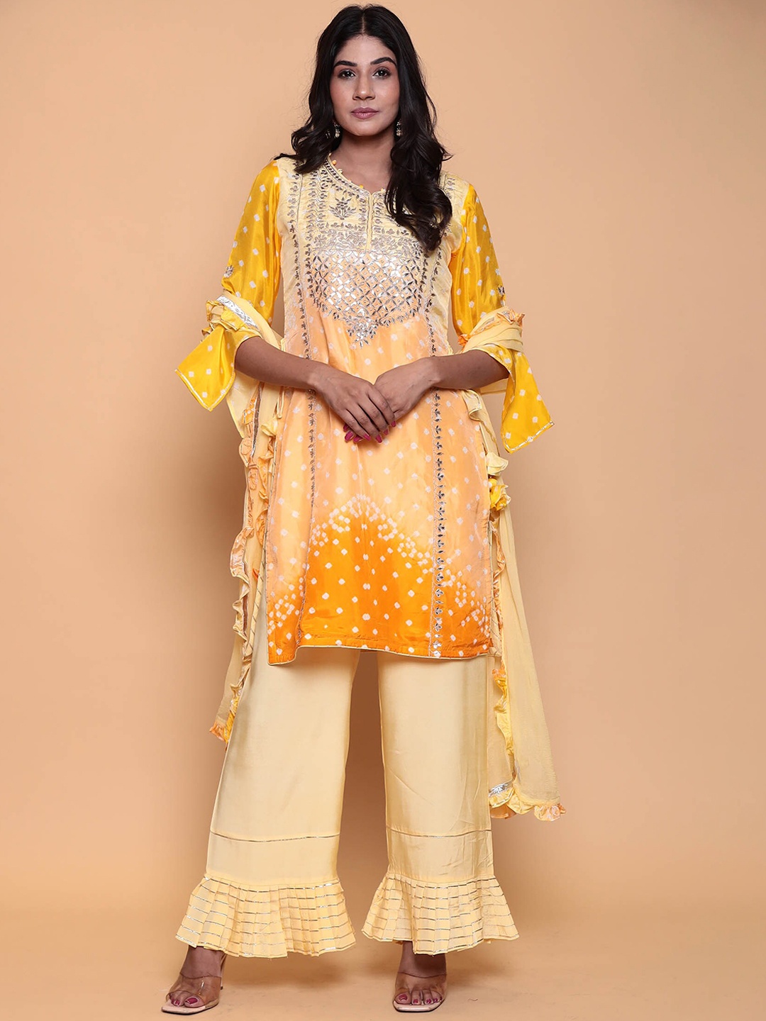 ZARI Bandhani Dyed Gotta Patti Pure Silk Kurta with Palazzos & With Dupatta, Yellow
ZARI Bandhani Dyed Gotta Patti Pure Silk Kurta with Palazzos & With Dupatta, Yellow
