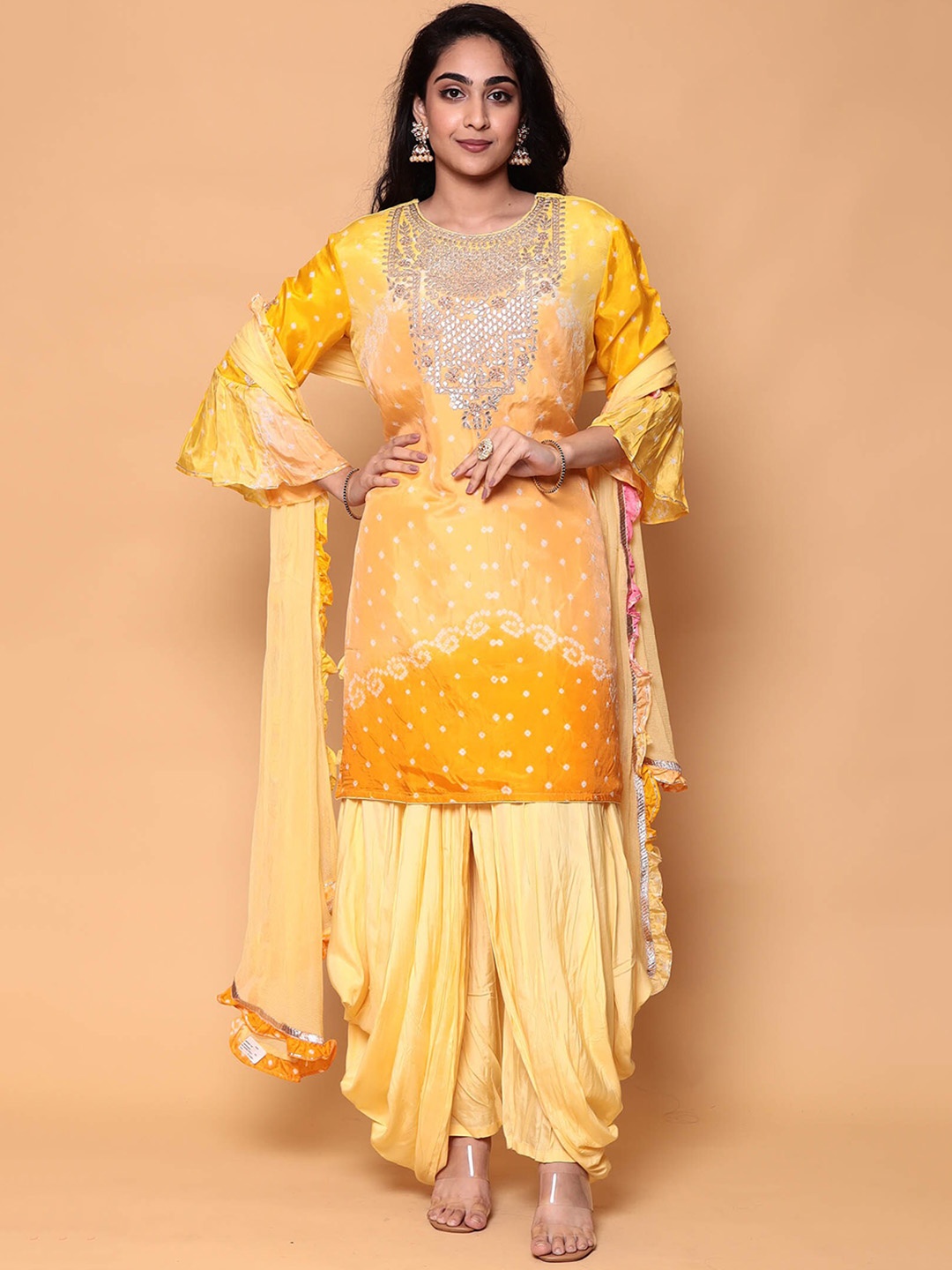 ZARI Ethnic Motifs Printed Gotta Patti Pure Silk Kurta With Dhoti Pants & Dupatta, Yellow
ZARI Ethnic Motifs Printed Gotta Patti Pure Silk Kurta With Dhoti Pants & Dupatta, Yellow