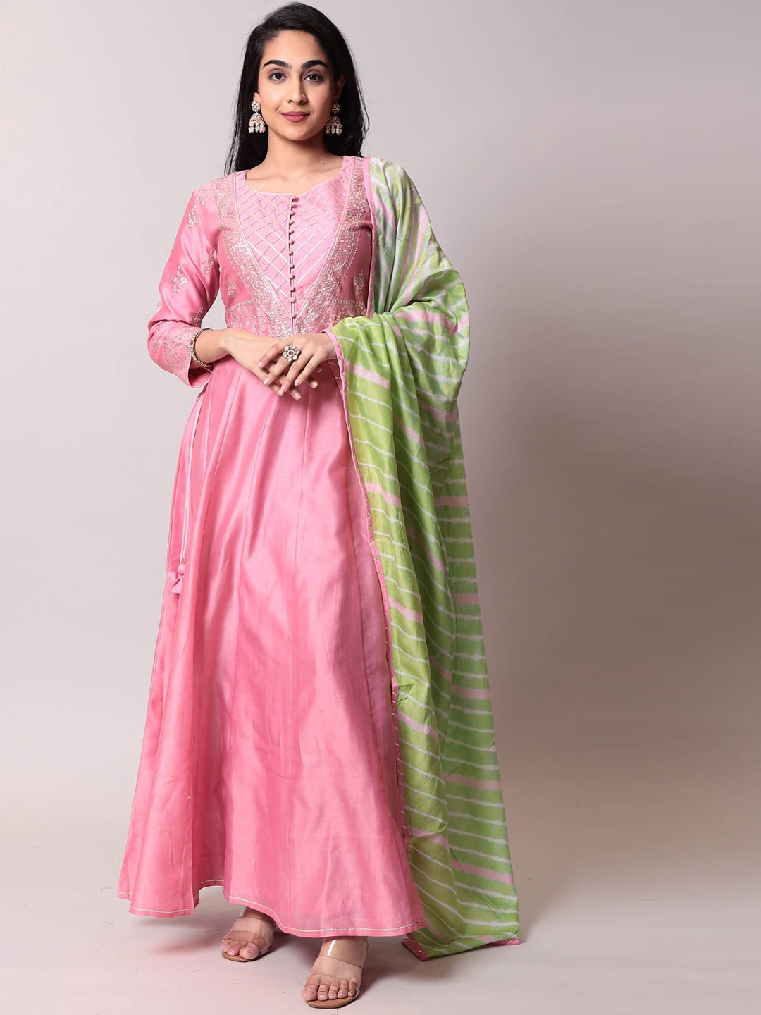 ZARI Embroidered Panelled Sequined Anarkali Kurta with Trousers & With Dupatta, Pink
ZARI Embroidered Panelled Sequined Anarkali Kurta with Trousers & With Dupatta, Pink