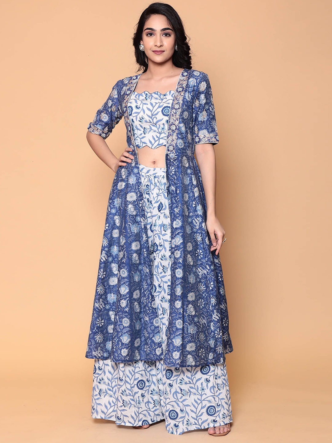 ZARI Square Neck Floral Printed Gotta Patti Pure Cotton Top & Palazzo With Shrug, Blue
ZARI Square Neck Floral Printed Gotta Patti Pure Cotton Top & Palazzo With Shrug, Blue