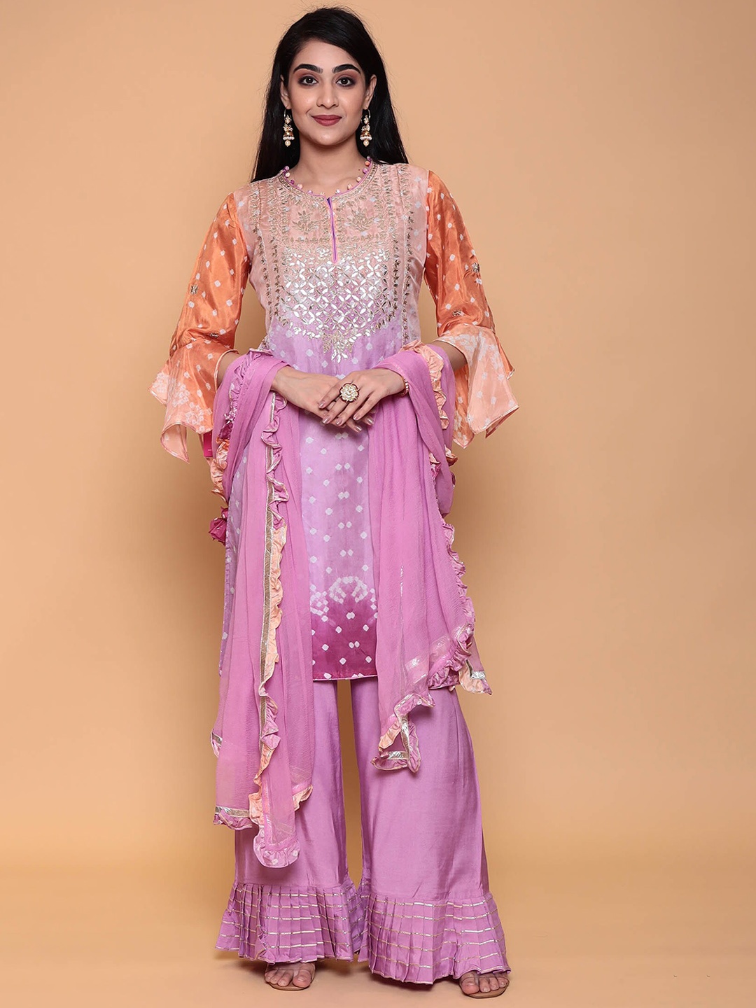 ZARI Floral Embroidered Bell Sleeves Pure Silk Kurta With Palazzos & Dupatta, Purple