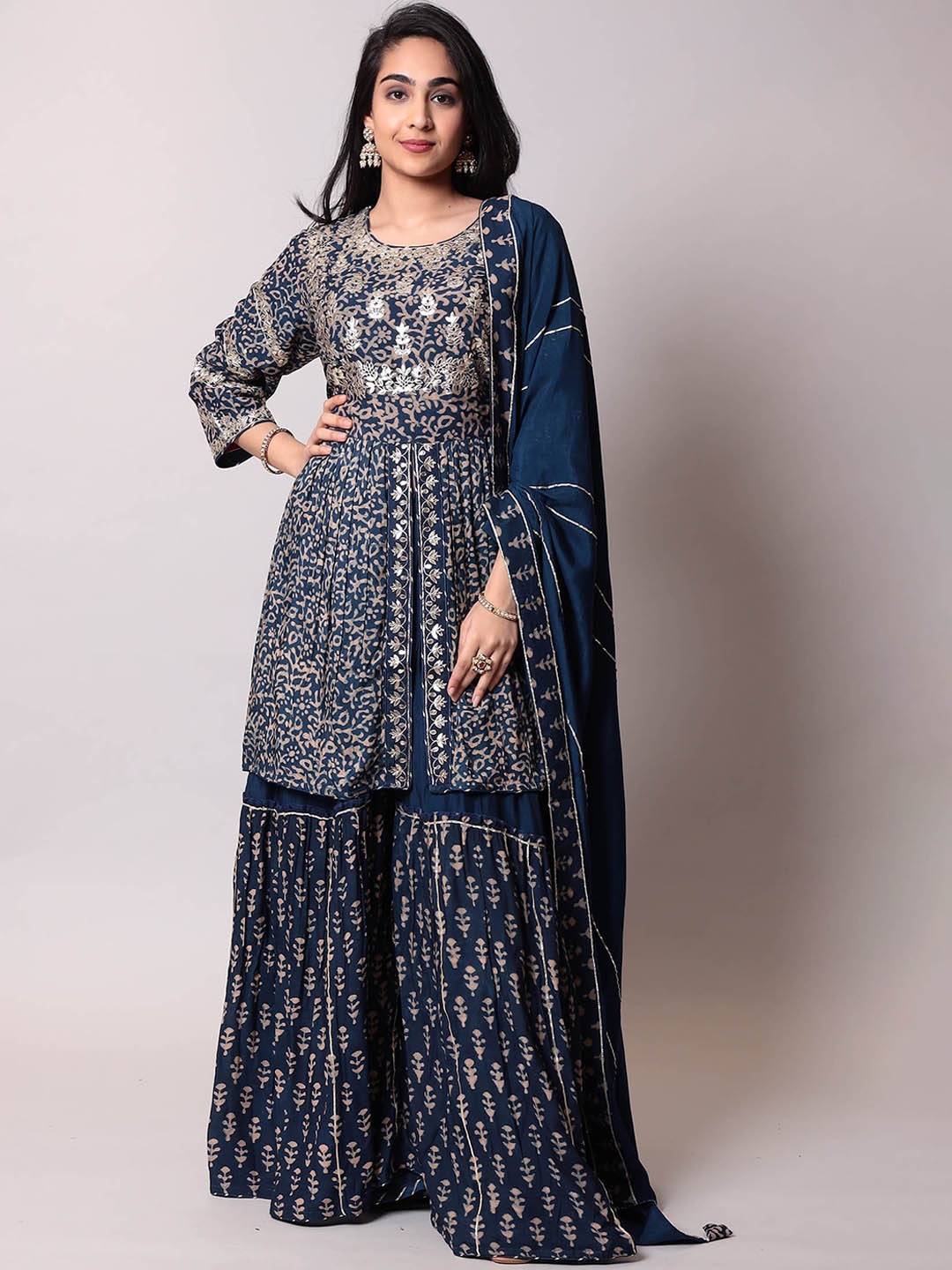 ZARI Floral Printed Pleated Gotta Patti Pure Cotton Kurta With Sharara & Dupatta, Navy blue
ZARI Floral Printed Pleated Gotta Patti Pure Cotton Kurta With Sharara & Dupatta, Navy blue