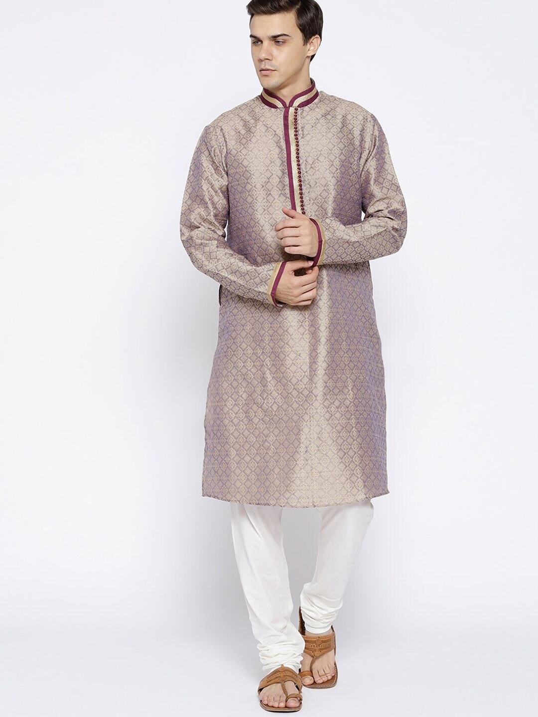Chitwan Mohan Men Woven Design Dupion Silk Mandarin Collar Straight Kurta with Churidar, Purple
Chitwan Mohan Men Woven Design Dupion Silk Mandarin Collar Straight Kurta with Churidar, Purple