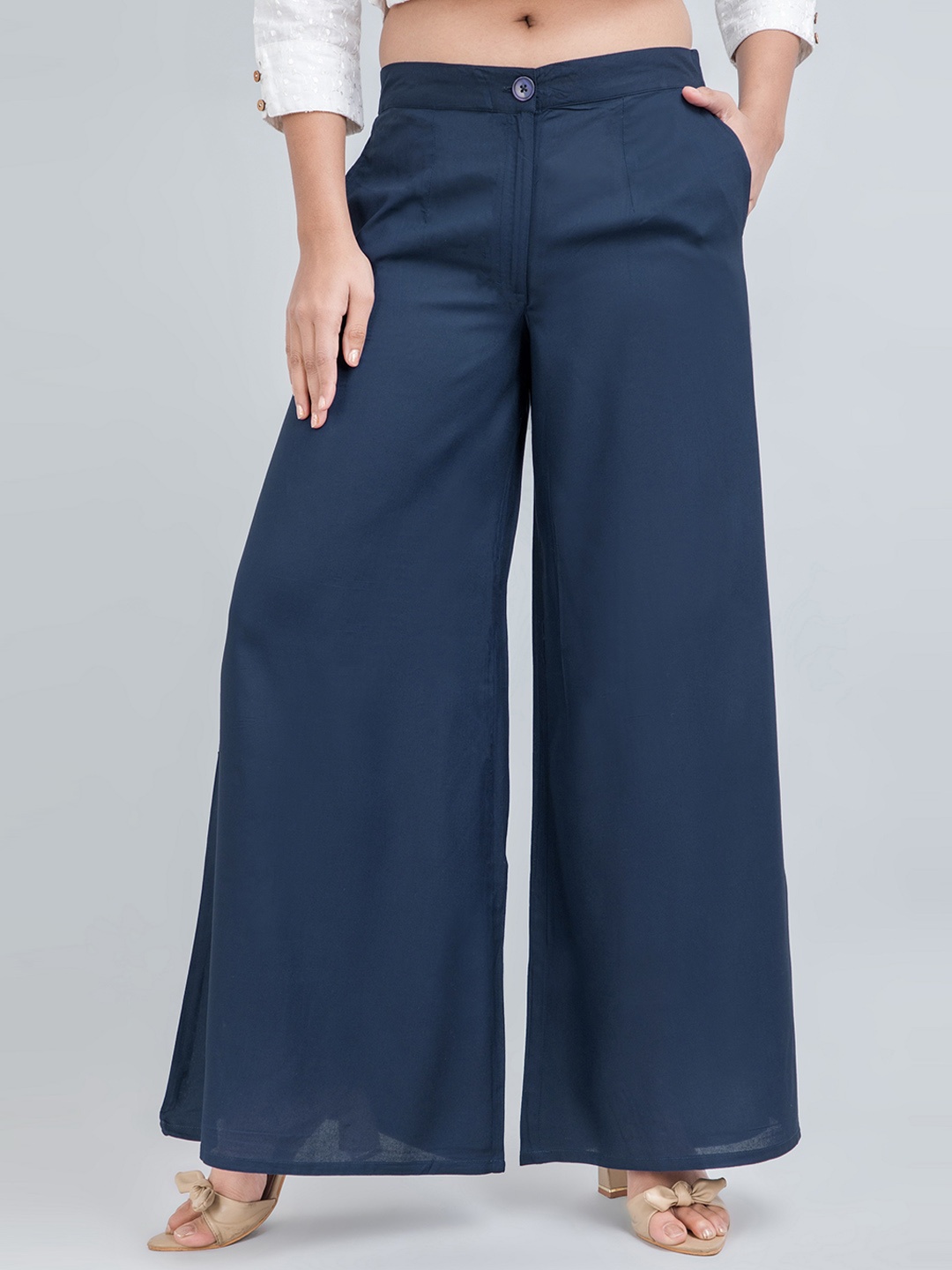 fabGLOBAL Women Mid-Rise Easy Wash Loose Fit Trousers, Navy blue
