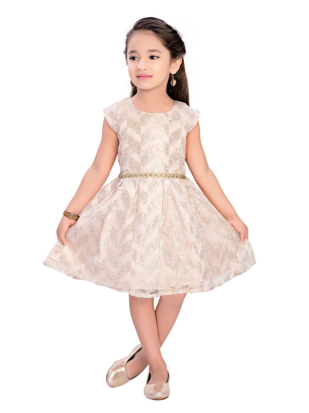 Doodle Girls Self Design Embellished Cap Sleeves Net Dress, Gold 
Doodle Girls Self Design Embellished Cap Sleeves Net Dress, Gold