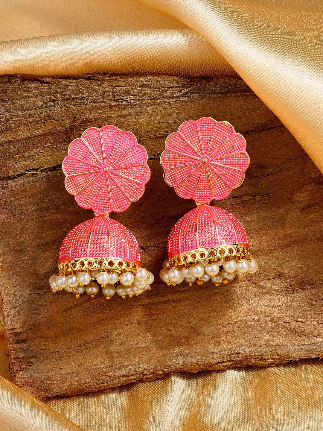 Estele Gold-Plated Dome Shaped Jhumkas Earrings, Pink