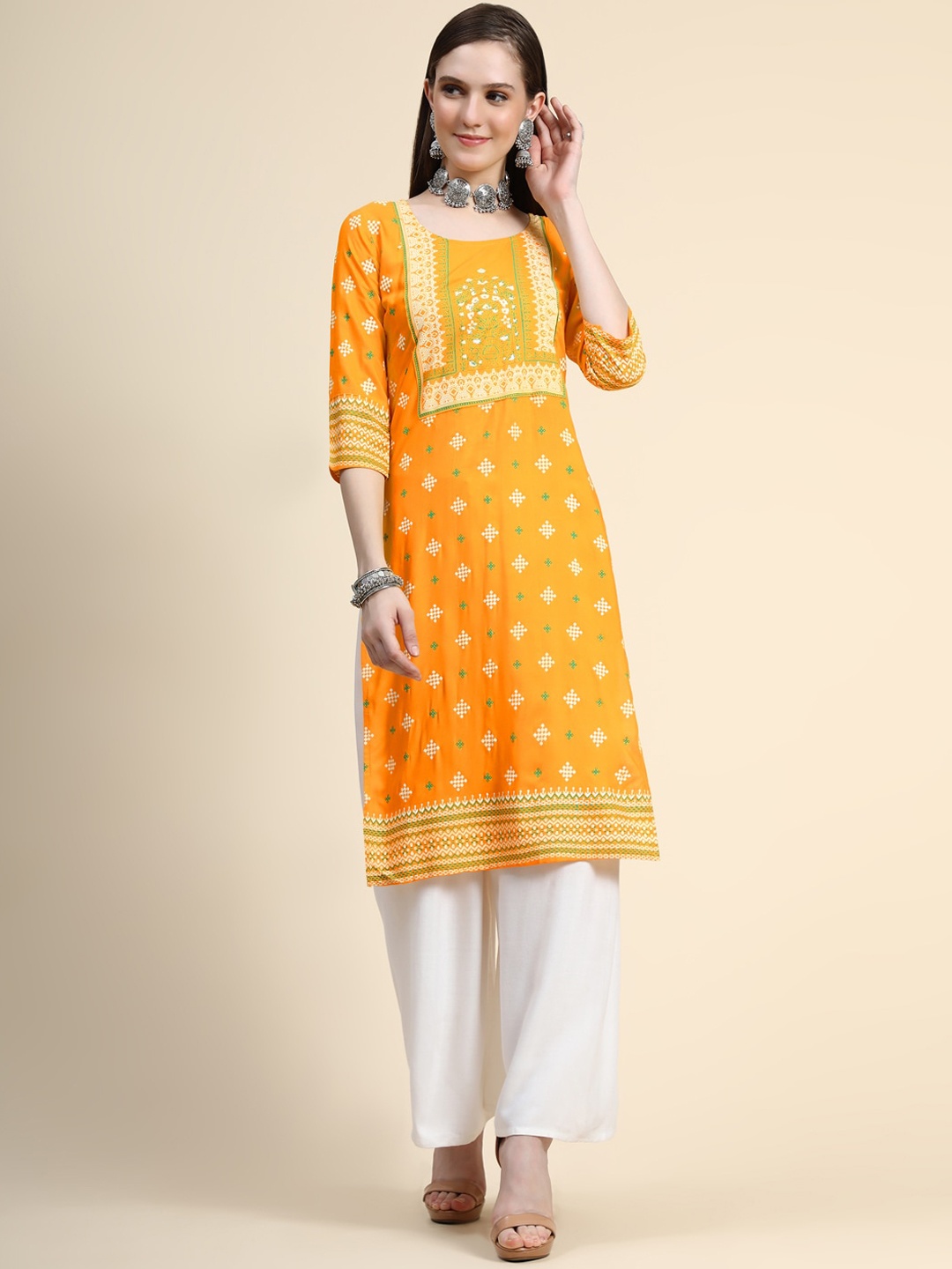 Angroop Ethnic Motifs Printed Straight Kurta, Yellow