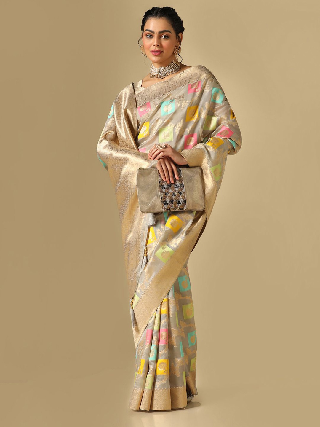 Mitera Floral Woven Design Zari Banarasi Saree, Grey
