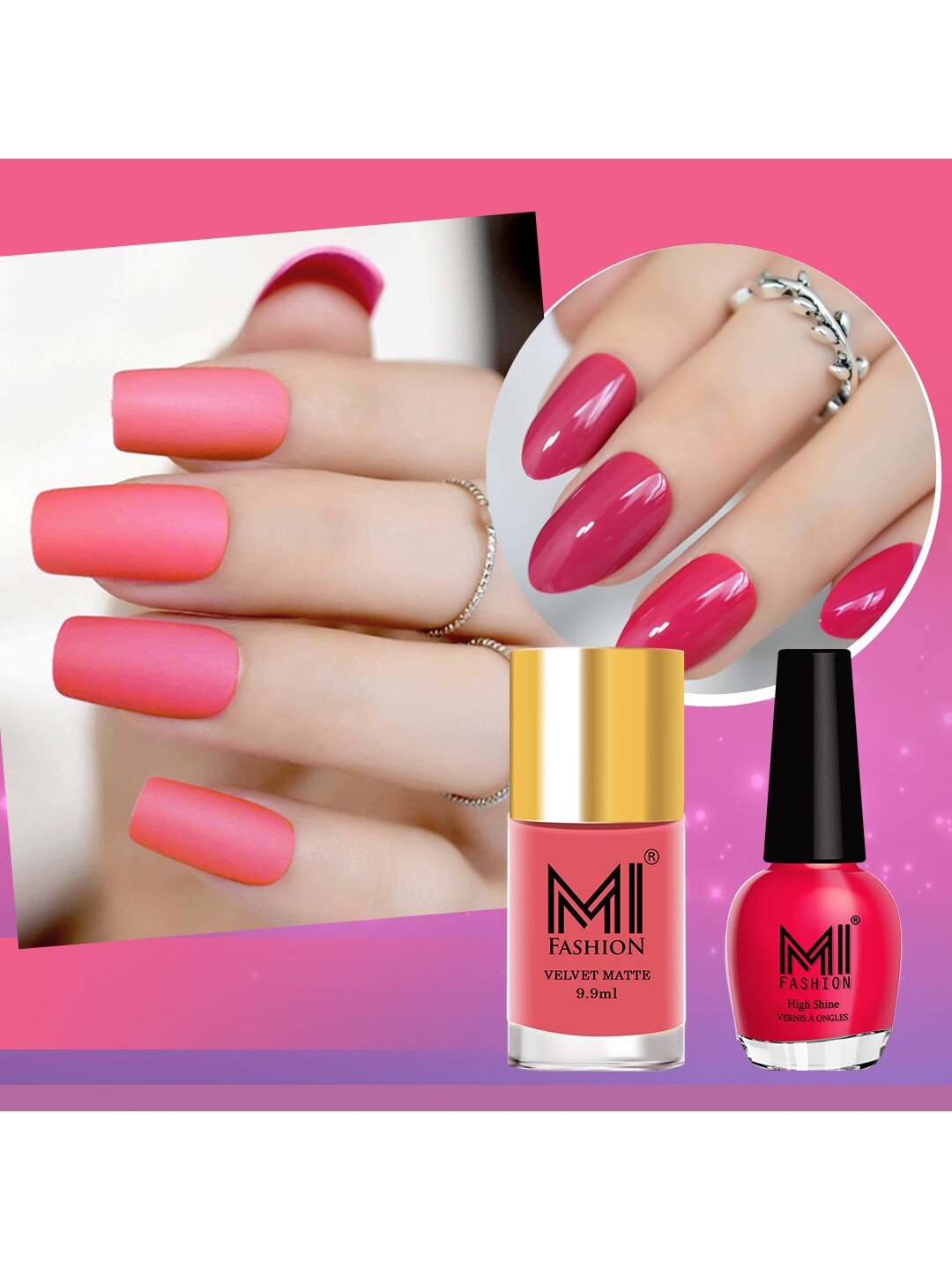 MI FASHION Set of Vernis A Ongles High Shine 15 ml & Velvet Matte Nail Polish 9.9 ml, Pink
MI FASHION Set of Vernis A Ongles High Shine 15 ml & Velvet Matte Nail Polish 9.9 ml, Pink