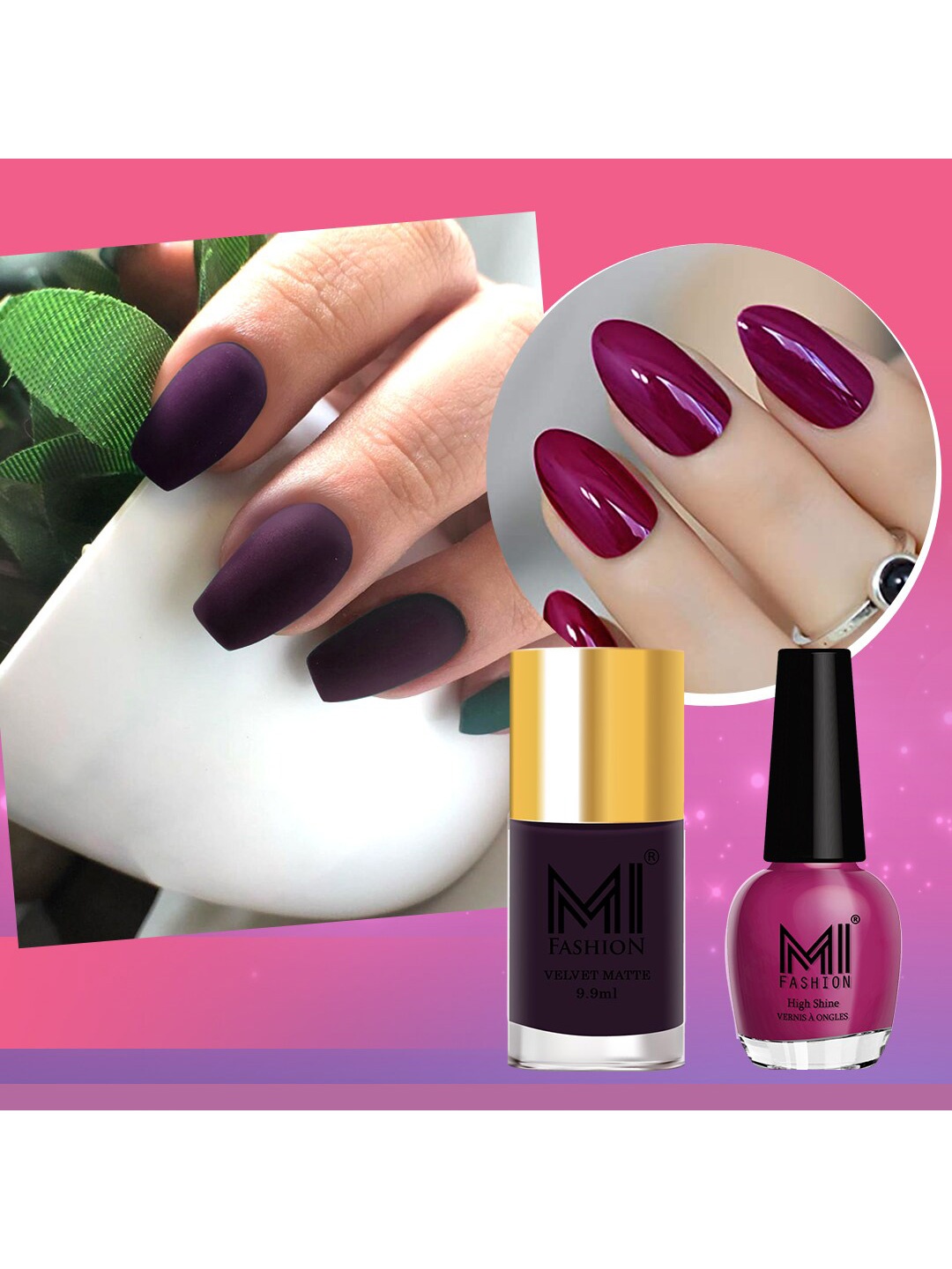 MI FASHION Set of Vernis A Ongles High Shine 15 ml & Velvet Matte Nail Polish 9.9 ml, Purple
MI FASHION Set of Vernis A Ongles High Shine 15 ml & Velvet Matte Nail Polish 9.9 ml, Purple