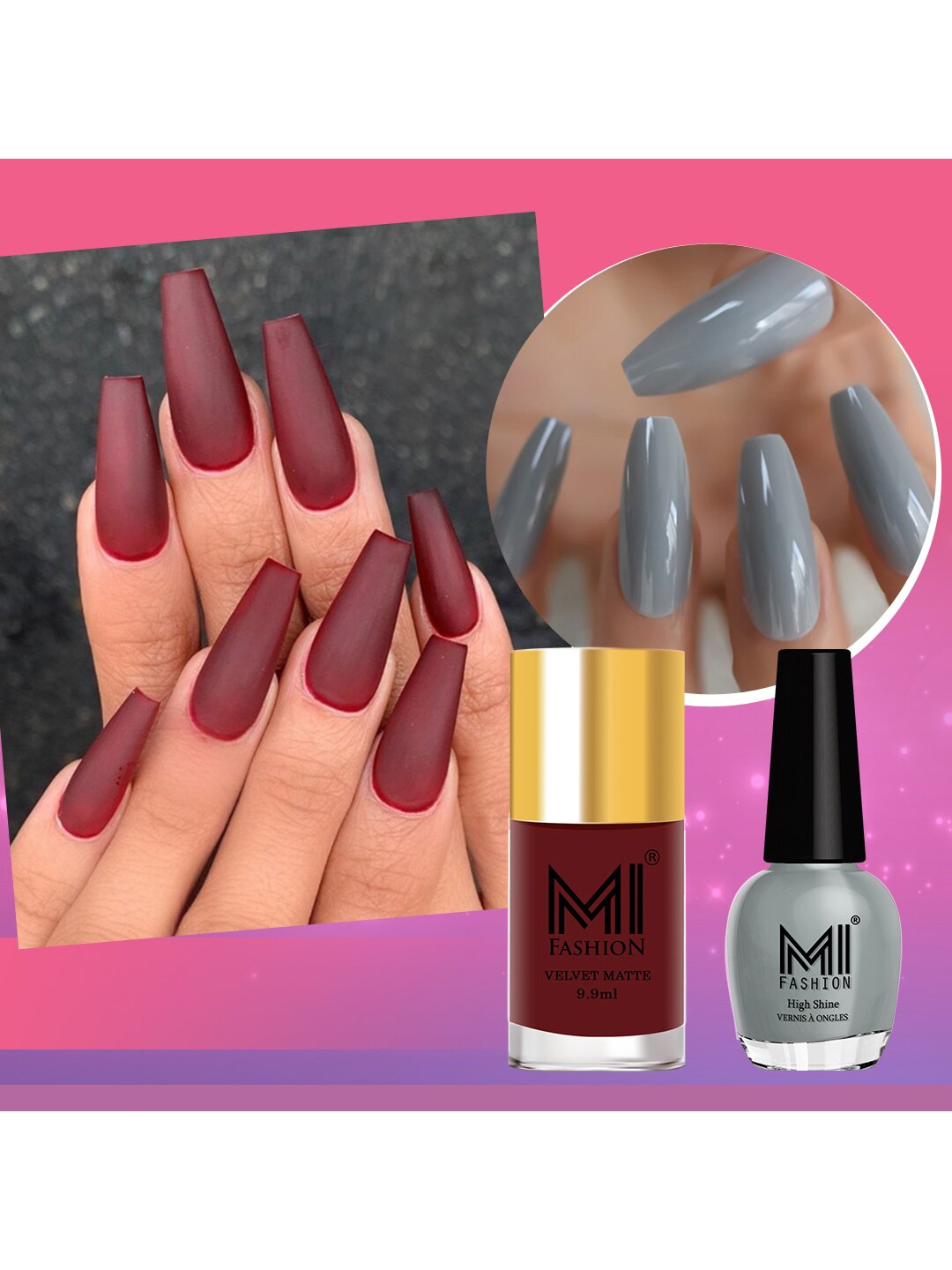MI FASHION Set of Vernis A Ongles High Shine 15 ml & Velvet Matte Nail Polish 9.9 ml, Maroon
MI FASHION Set of Vernis A Ongles High Shine 15 ml & Velvet Matte Nail Polish 9.9 ml, Maroon