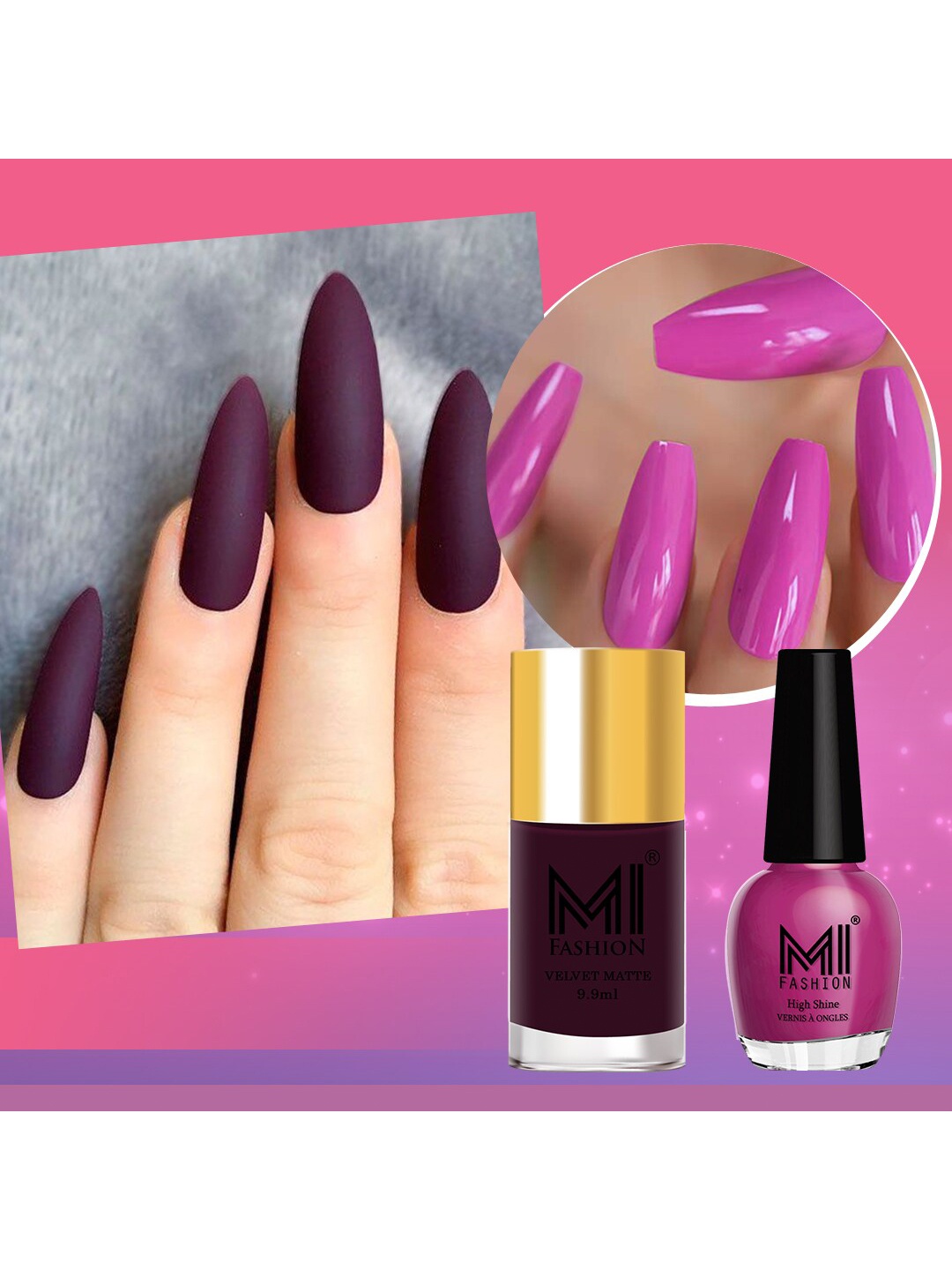 MI FASHION Set of 2 Long-Lasting Nail Polish - Velvet Matte 9.9ml + High Shine 15ml, Purple
MI FASHION Set of 2 Long-Lasting Nail Polish - Velvet Matte 9.9ml + High Shine 15ml, Purple