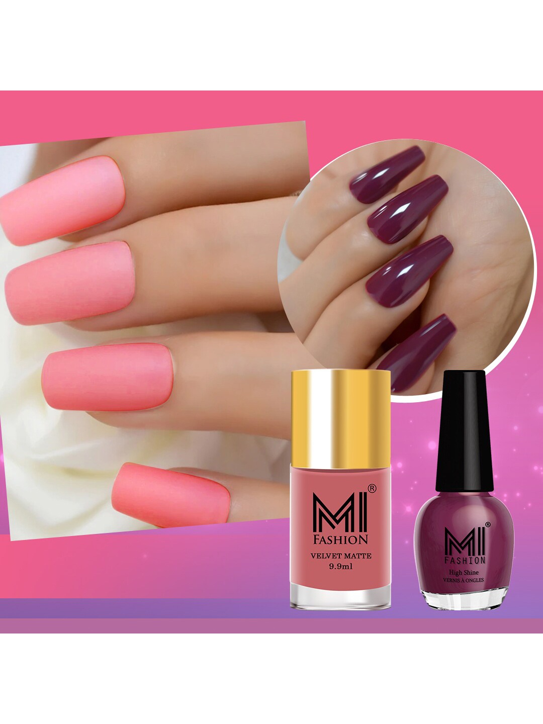 MI FASHION Set of 2 Long-Lasting Nail Polish - Velvet Matte 9.9ml + High Shine 15ml, Purple
MI FASHION Set of 2 Long-Lasting Nail Polish - Velvet Matte 9.9ml + High Shine 15ml, Purple