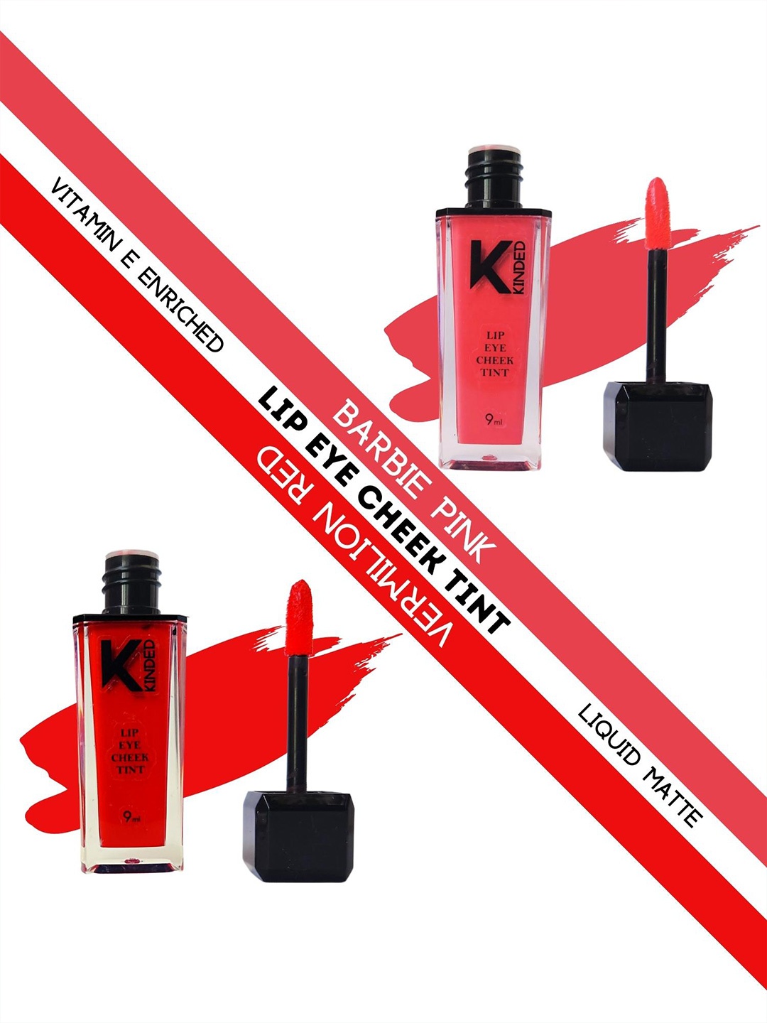 KINDED Set of 2 Matte Lip Eye Cheek Tints with Vitamin E 9 ml Each -Barbie Pink - Vermilion Red
KINDED Set of 2 Matte Lip Eye Cheek Tints with Vitamin E 9 ml Each -Barbie Pink - Vermilion Red